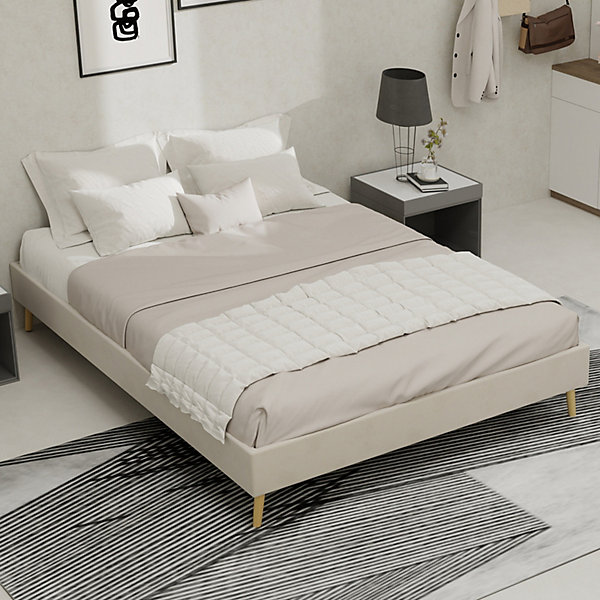 Lit Double 140x200 cm - Lit Adulte et Ado, Cadre Bas Minimaliste et Confortable, Sans Tête de Lit, Structure Robuste, Beige