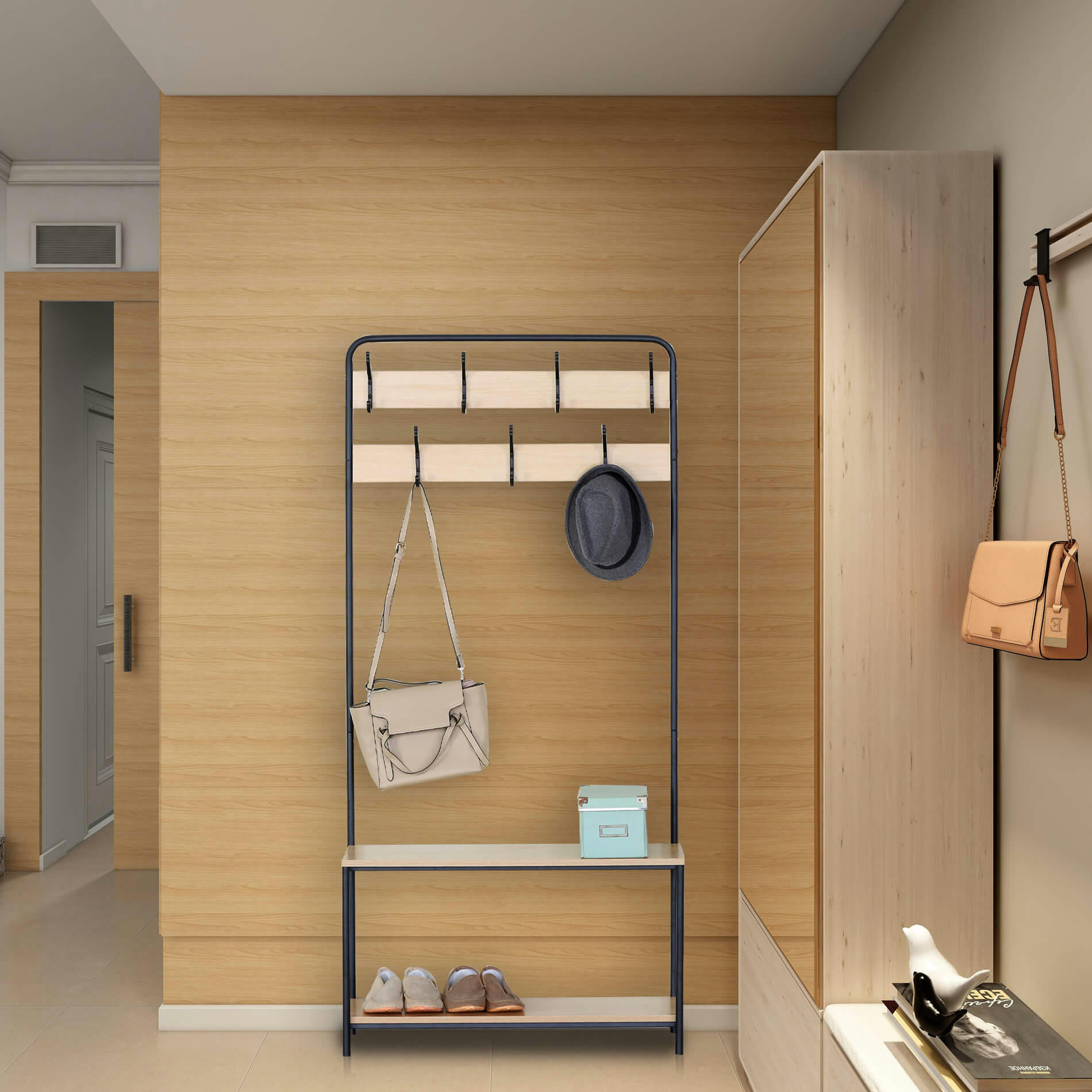 - Meuble d'entrée avec 2 étagères en aggloméré et métal noir et beige