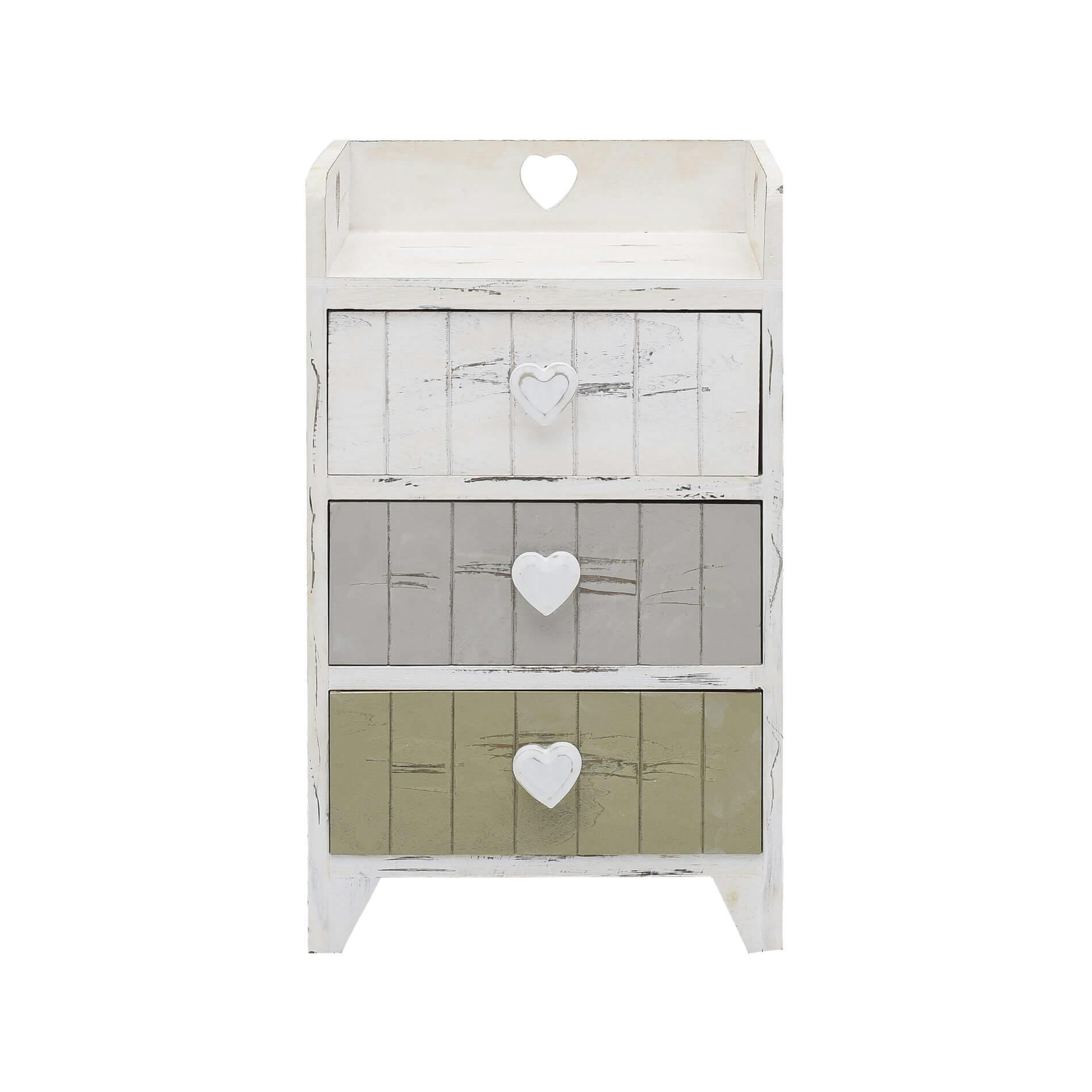 - Table de chevet coeur avec 3 tiroirs effet bois blanc beige et gris