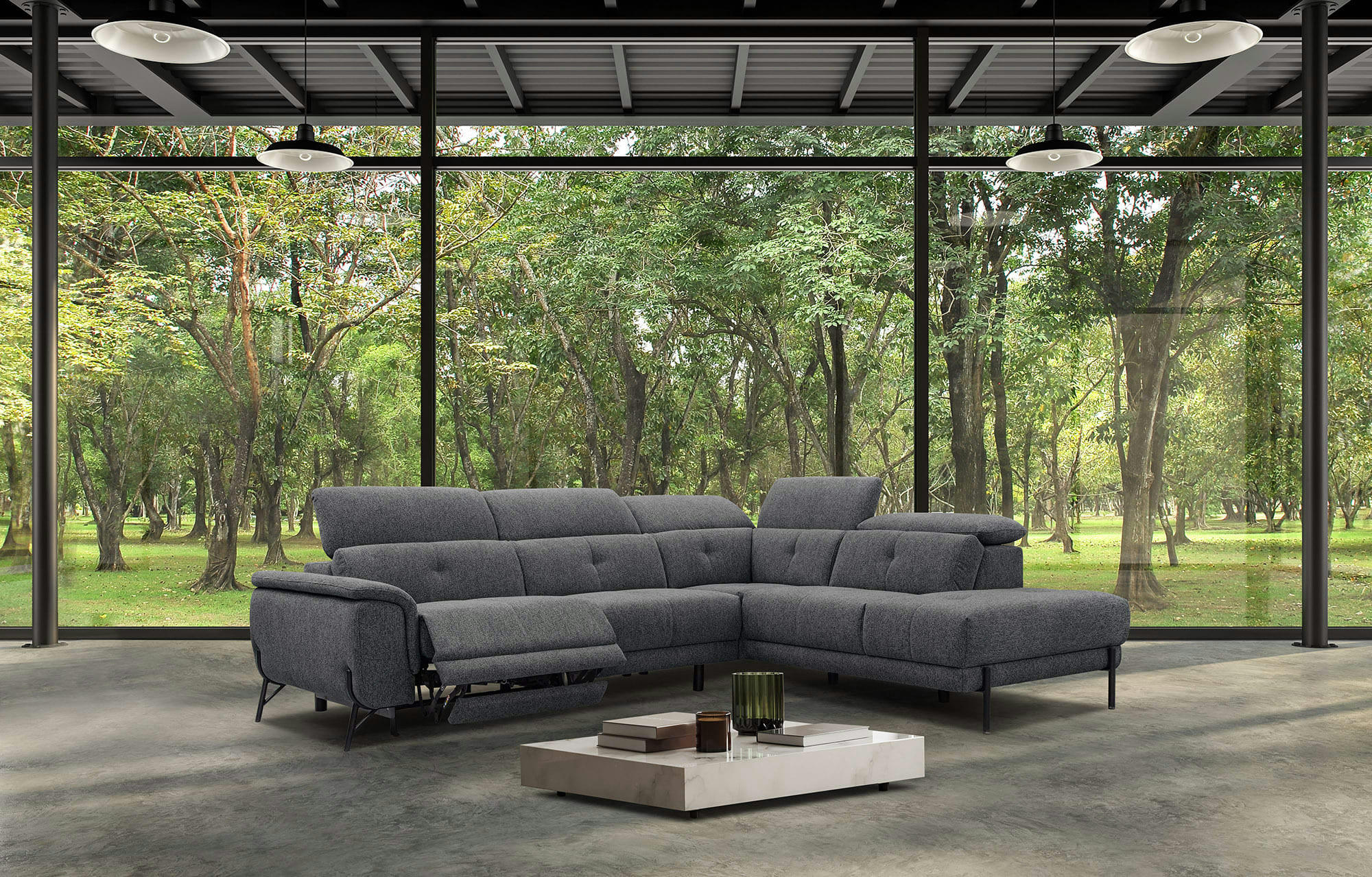 AVENA - Canapé d'angle droit 5 places avec relax électrique tissu gris foncé