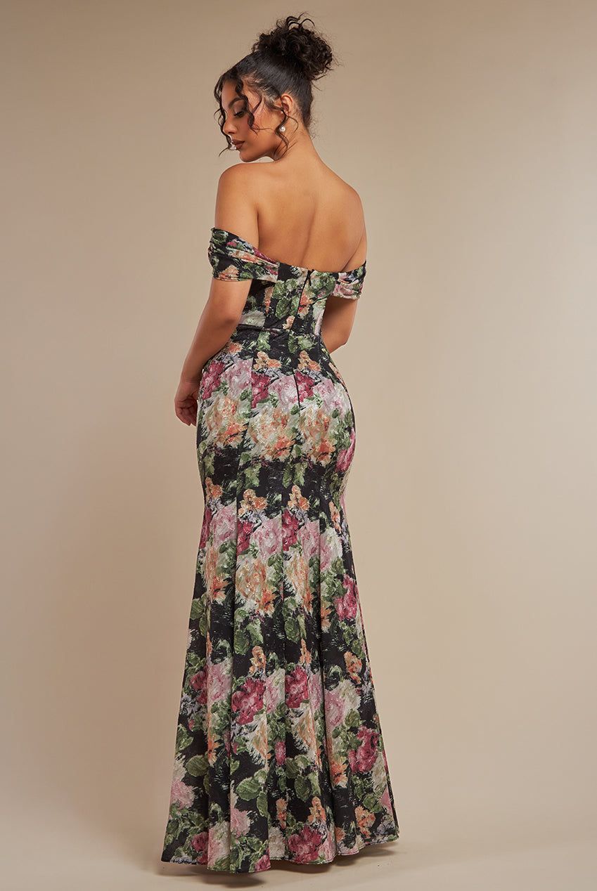 Goddiva Cowl Neck Floral Print Jacquard Chiffon Maxi Dress