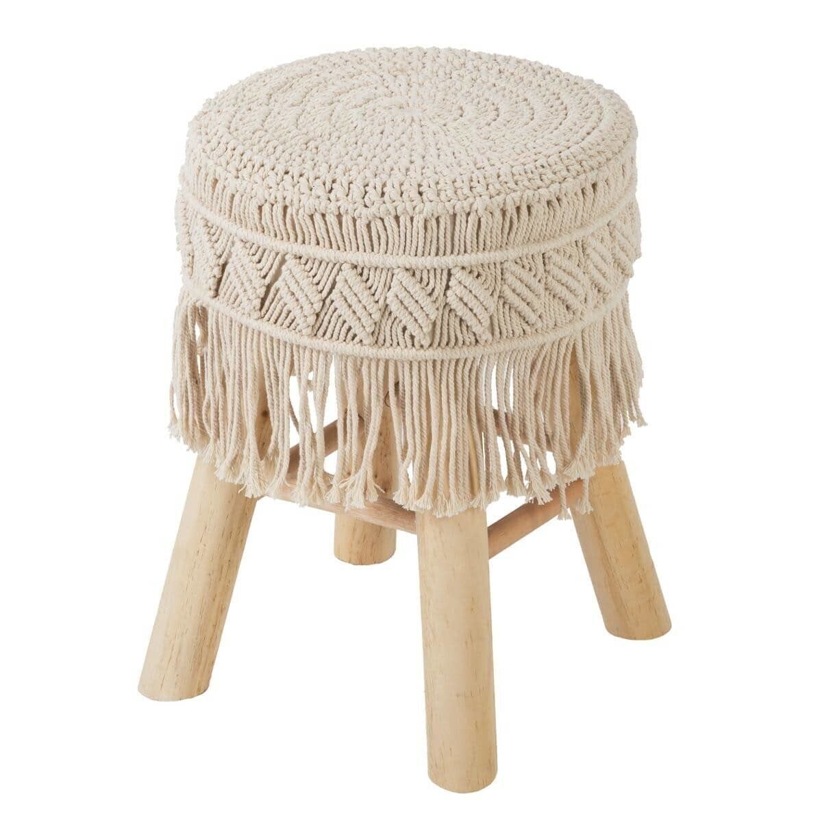 Stołek boho z siedziskiem pokrytym makramą, wys.42 cm