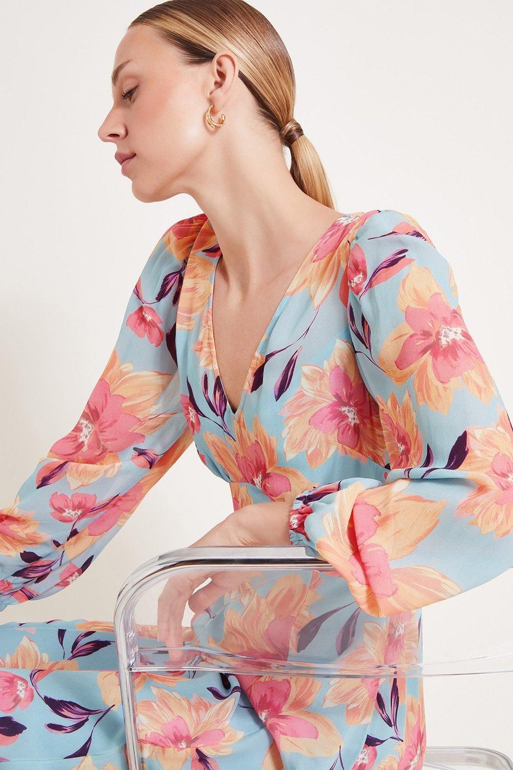 Monsoon Lilith Floral Print Dress Blue