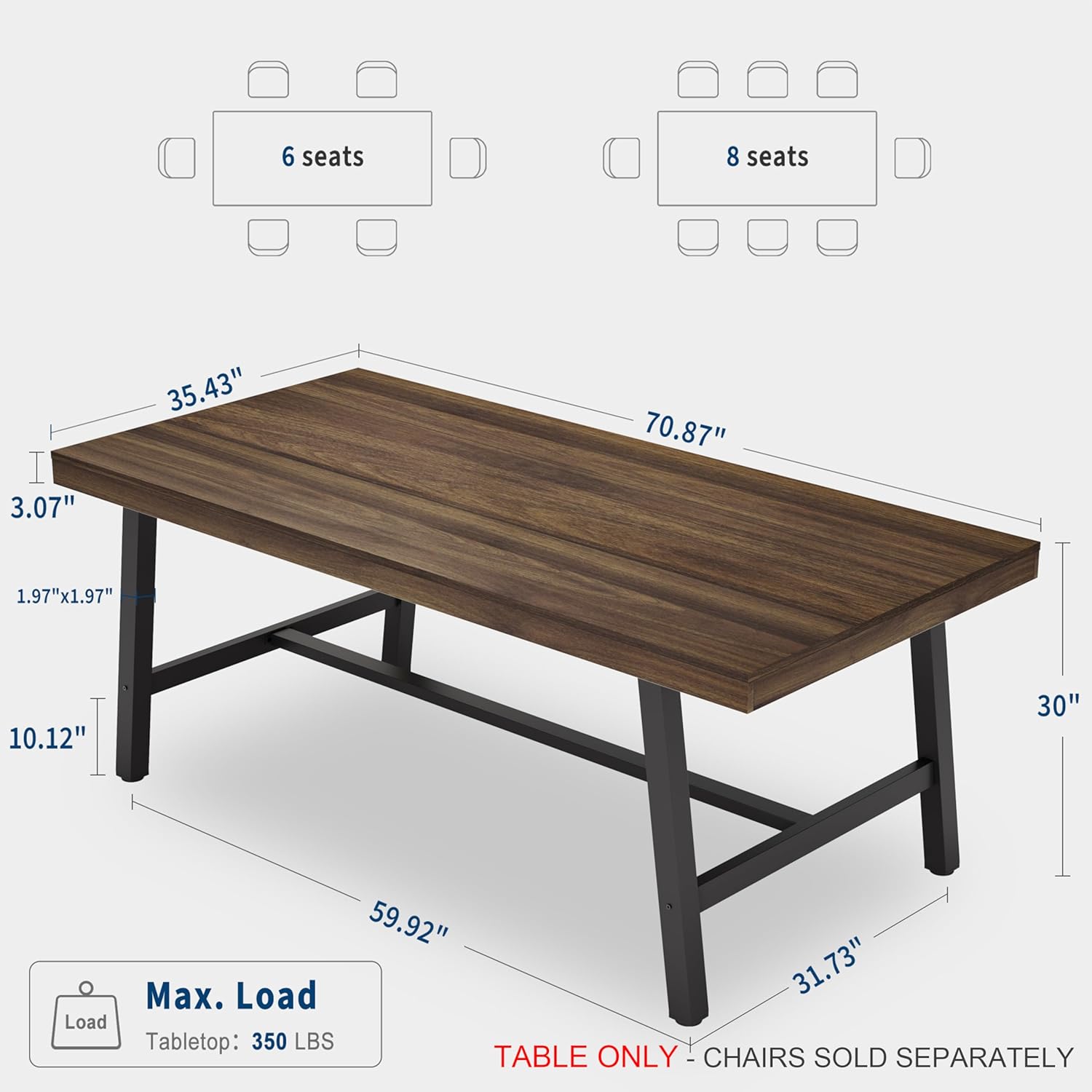 GarveeHome Industrial Dining Table for 6-8 People, 70.87 Long Large Kitchen Table with Sturdy Metal Frame, Rectangular Counter for Dinner, Kitchen, Dining Room (Brown, 71 Non-extendable)