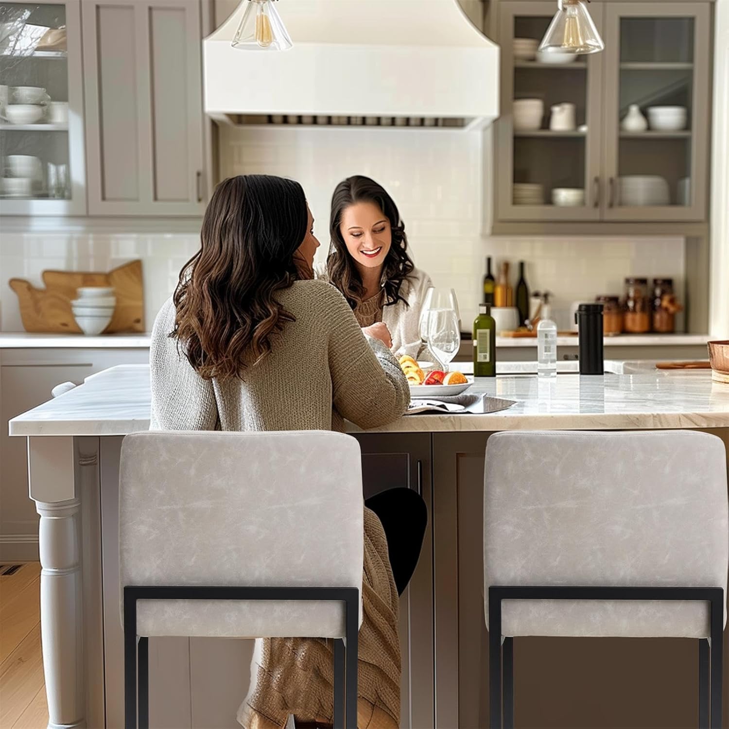 Sophia & William Light Grey Bar Stools Set of 3, Modern PU Leather Counter Height Barstools with Back, 24 Kitchen Island Bar Chairs
