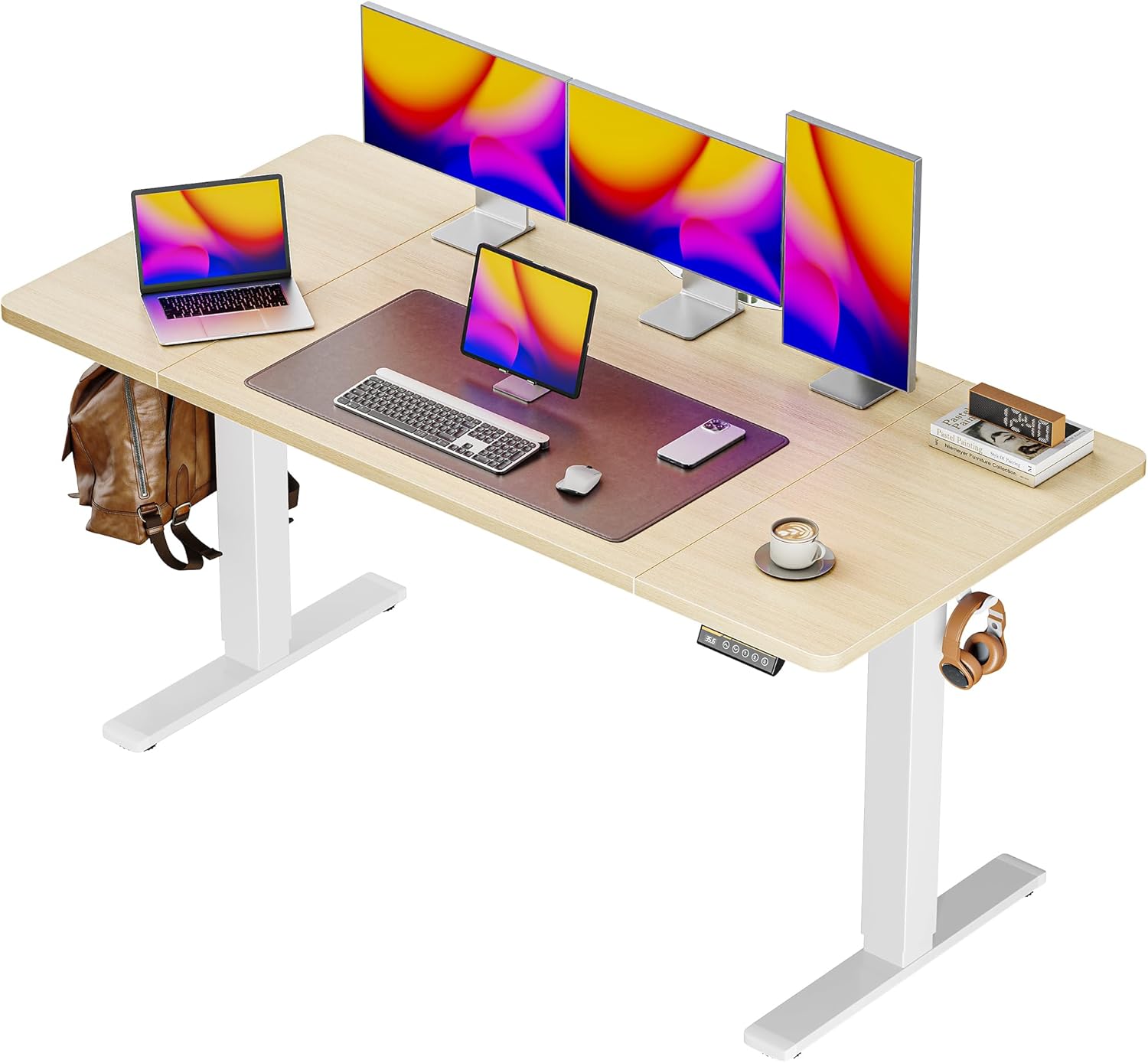 Huuger 55 x 28 Large Electric Standing Desk, Height Adjustable Desk, 27.6 Deep Desktop, Stand up Gaming Computer Office Desk with 2 Hooks, 3 Preset Heights, for Home Office, Maple
