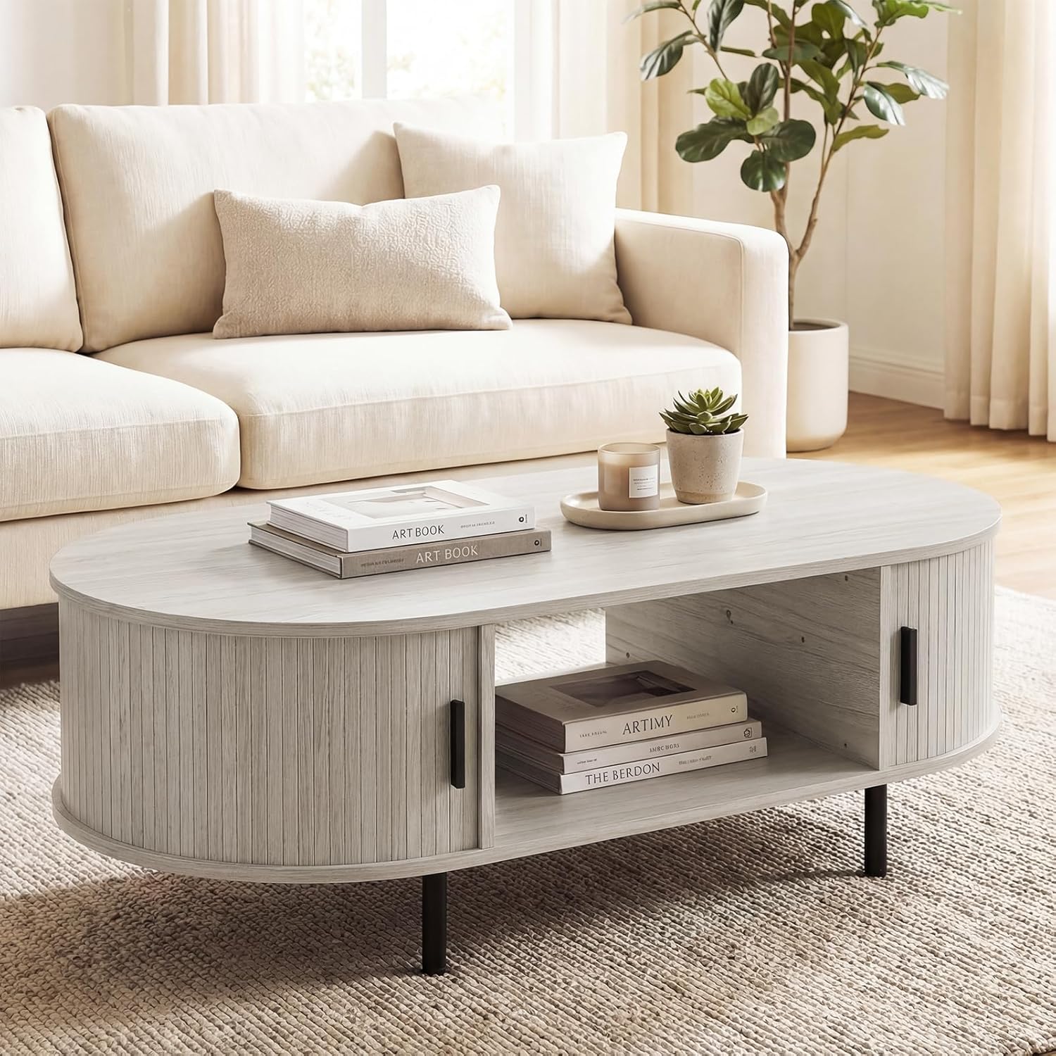 Giantex Oval Coffee Table, 47.5 Mid Century Modern Center Table with Sliding Tambour Doors, Hidden Storage & Open Compartment, Fluted Wood Living Room Tables for Small Spaces (Light Grey Oak)