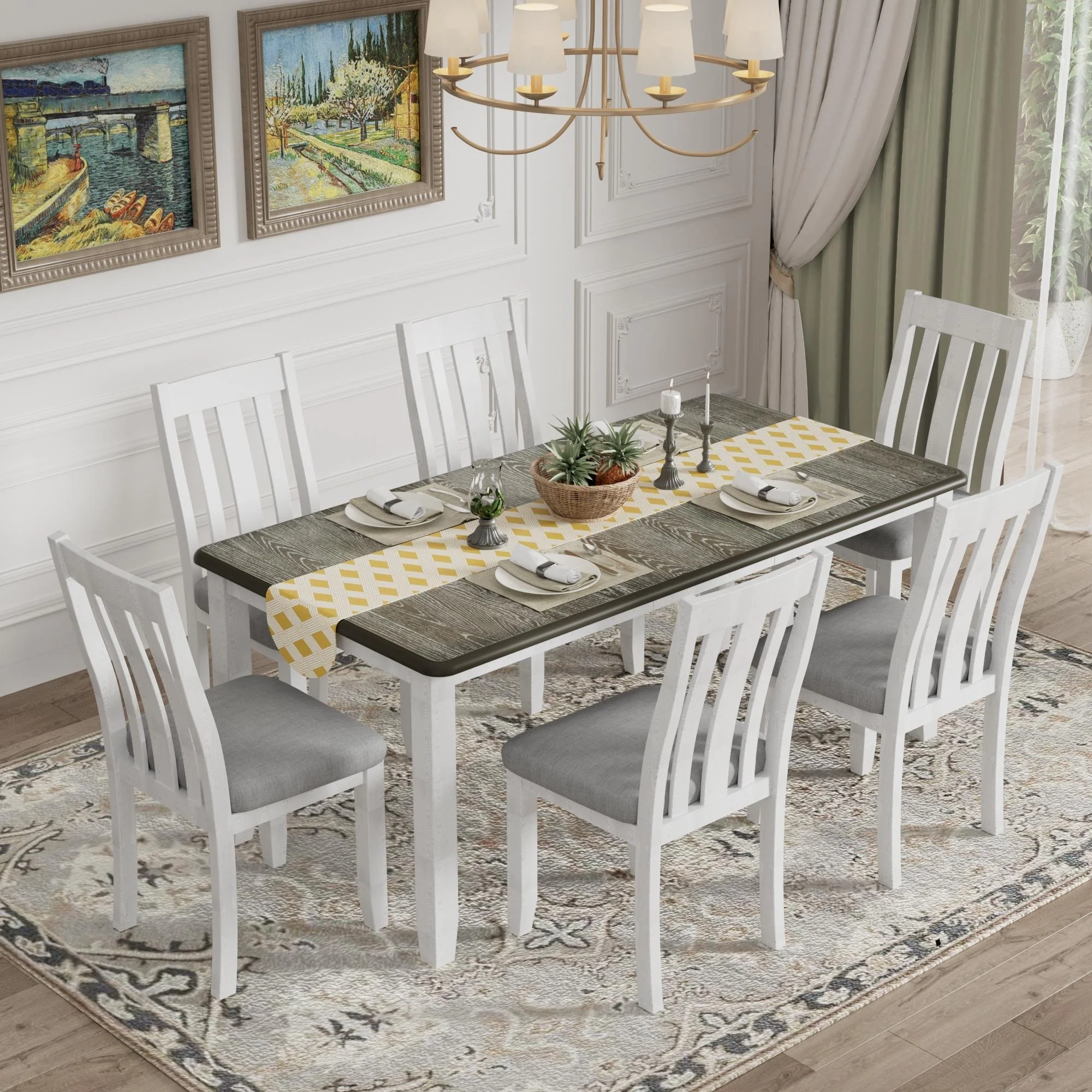 7-Piece Wooden Dining Table Set with Extendable Table & 6 Chairs