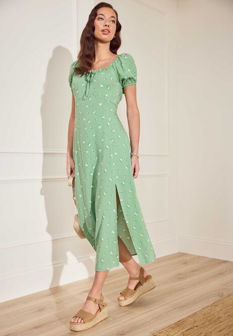 Womens Sage Floral Puff Sleeve Tea Dress