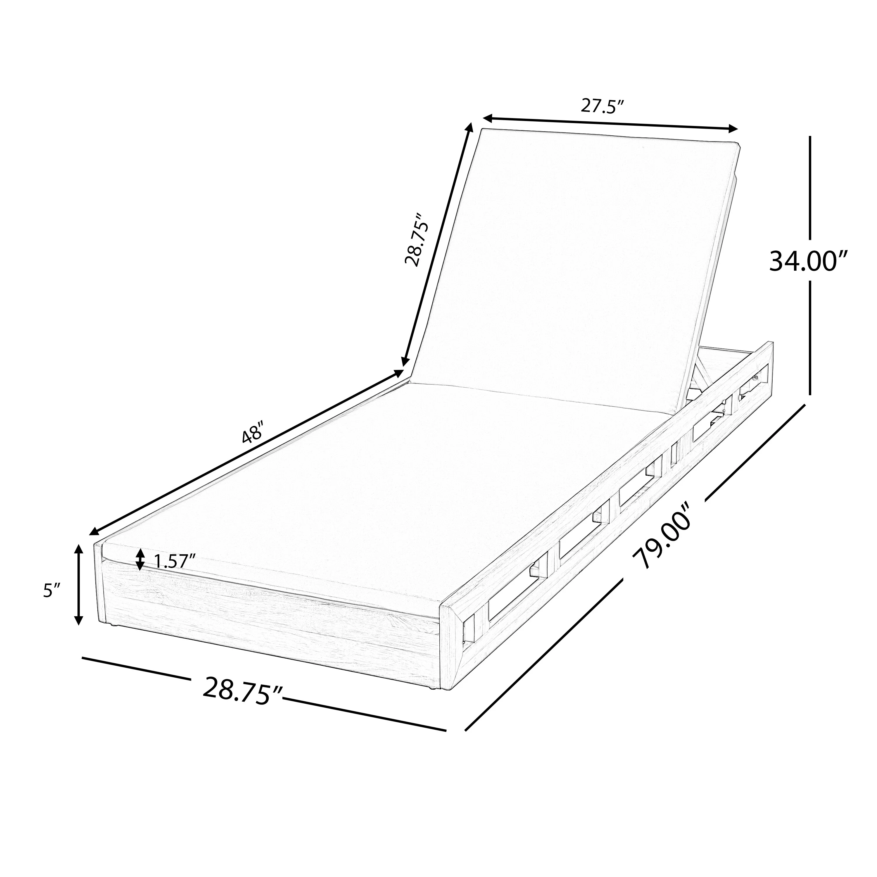 LOUNGE CHAISE SET, ACACIA WOOD WITH WATER-RESISTANT LOUNGE CUSHIONS (LEAF COCONUT & 2 INCH THICK) - MATCHING CREAM/Dark Grey
