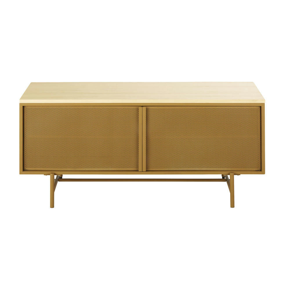 Dely - Meuble TV 2 portes en bois de peuplier et métal jaune