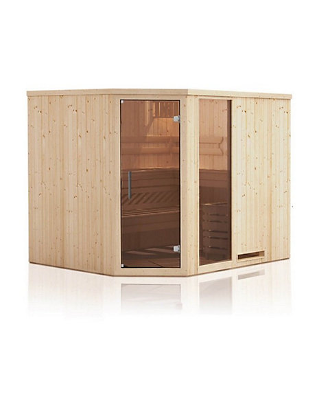 Cabine de sauna d'angle finlandais vitrée PERHE 4 places 194x175 x H.199 cm