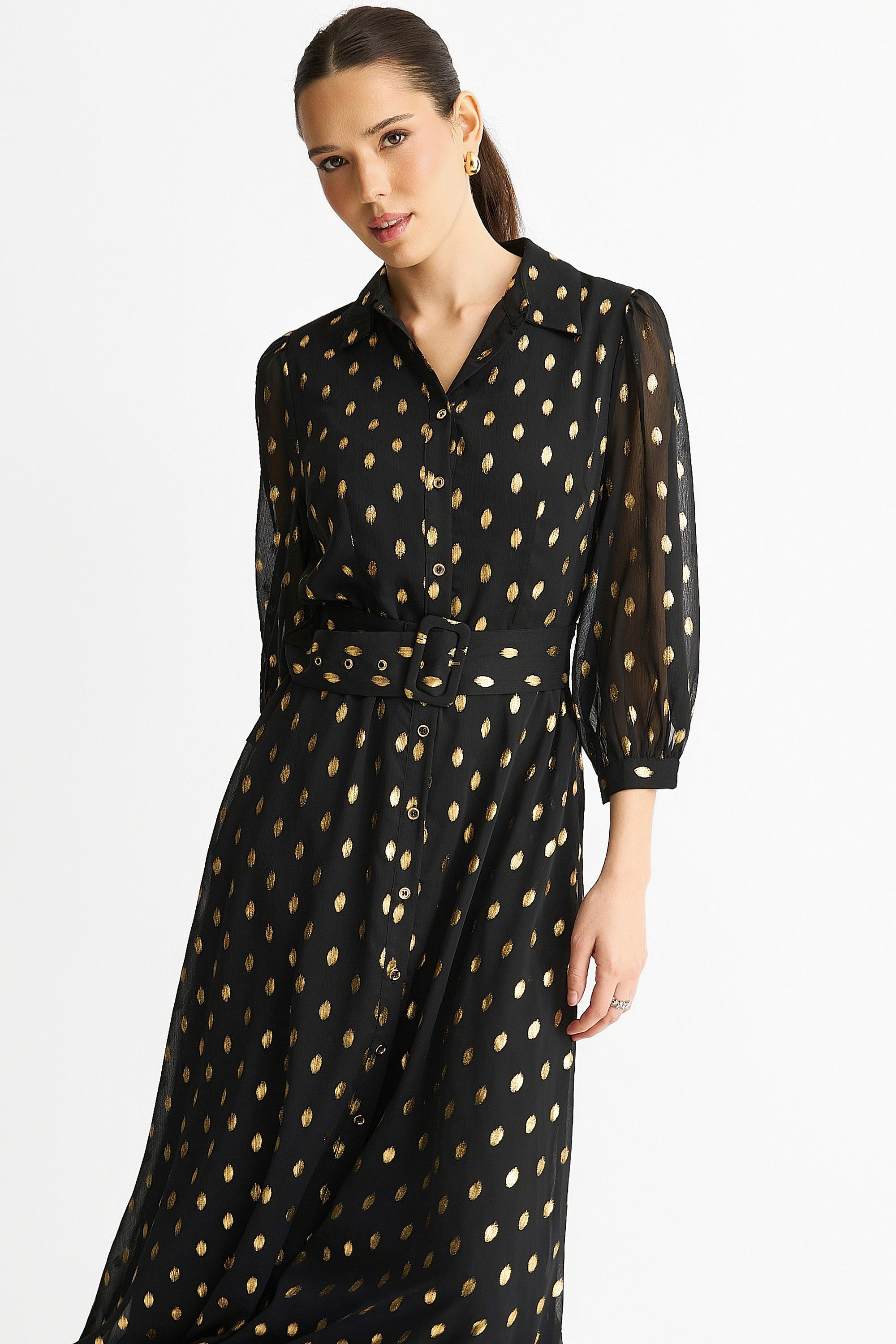 Gini London Black Chiffon Foil Belted Maxi Shirt Dress