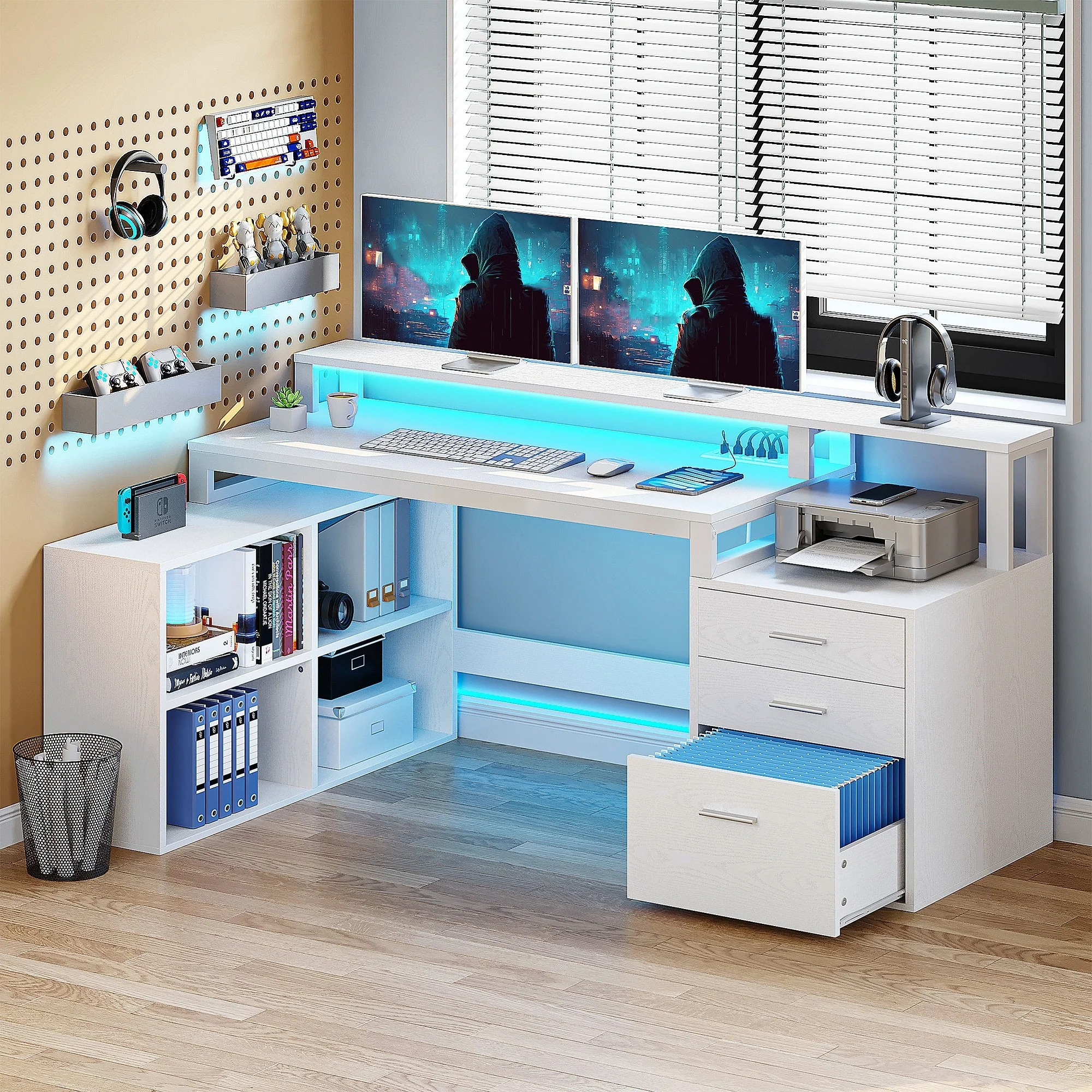 Moasis L Shaped Gaming Desk LED 65 Inch Computer Corner Desk with Monitor Stand and Storage Cabinet