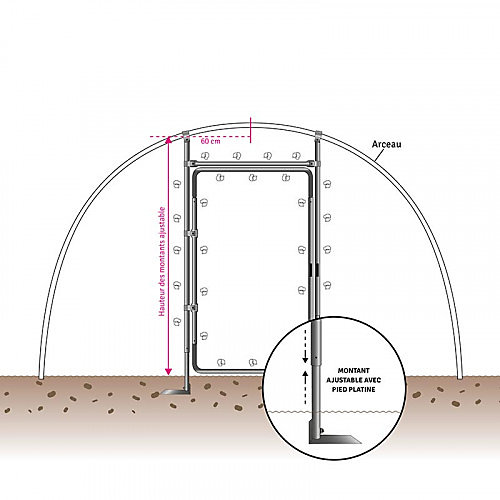Kit porte adaptable pour serre de H min 1,80 m - max 2 m, Barre de seuil60 mm, Diamètre de votre arceau 60 mm