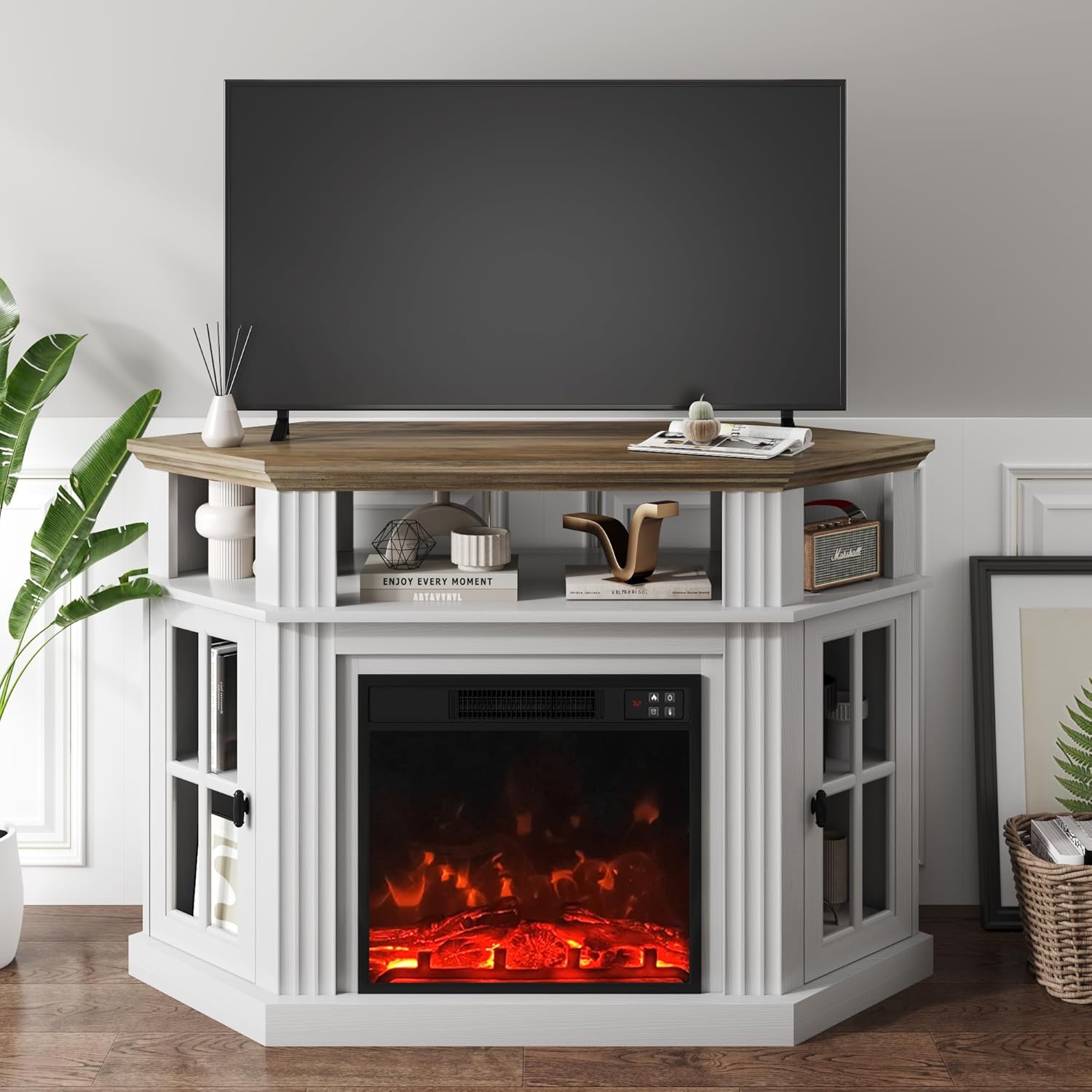 YESHOMY Corner Fireplace TV Stand for Television up to 55 with Storage Cabinets, Entertainment Center, Media Console for Living Room, Bedroom, White＆Rustic