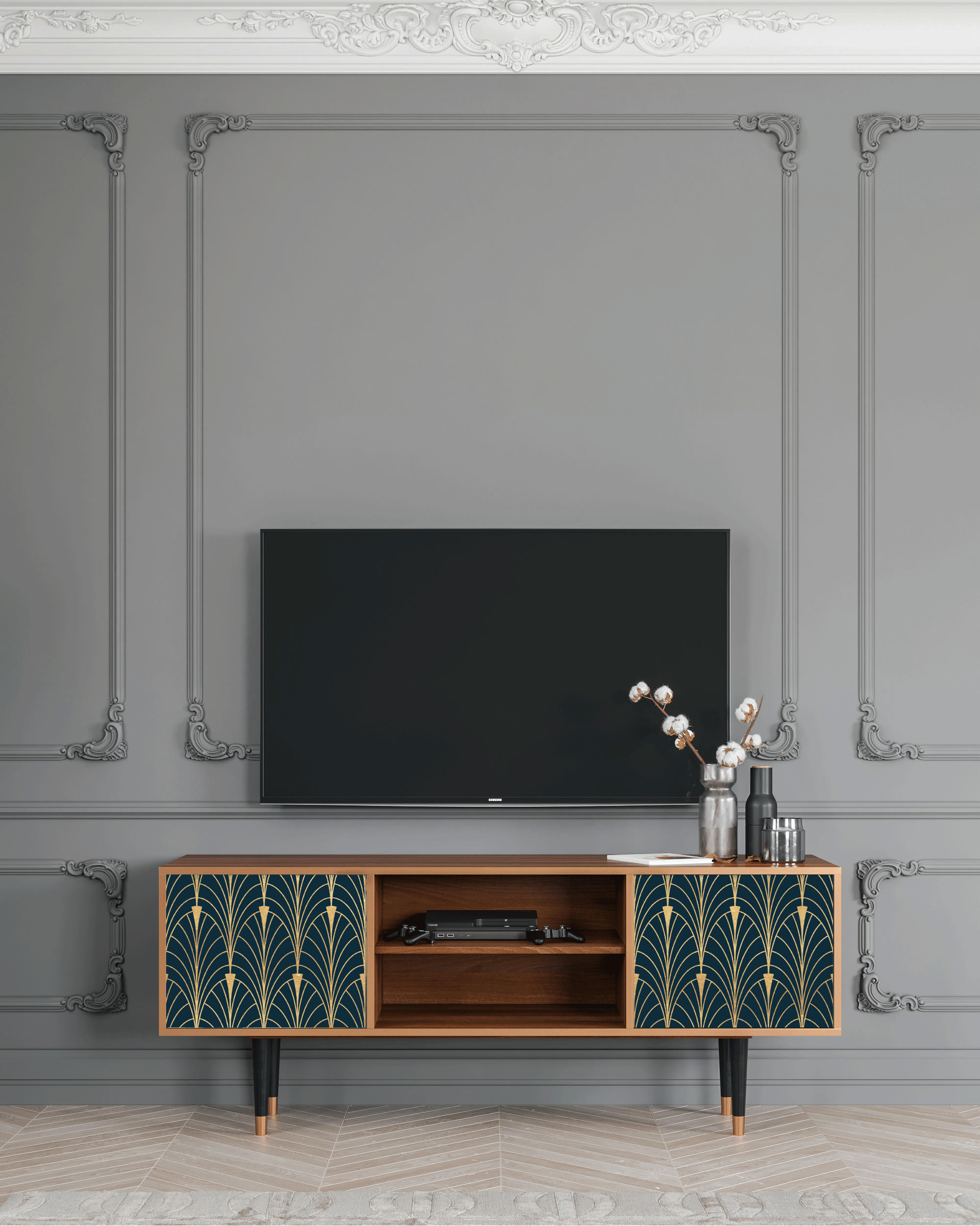 FLOWER OF THE NILE - Meuble TV  bleu et jaune 2 portes L 170 cm