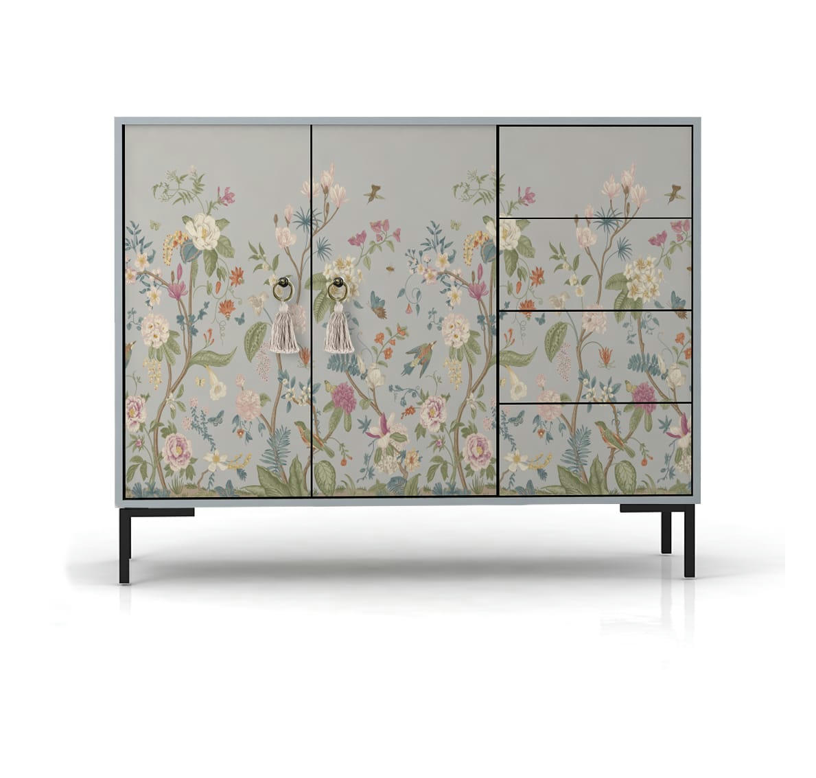 TELMA - Buffet bas 2 portes 4 tiroirs pin massif imprimé floral gris