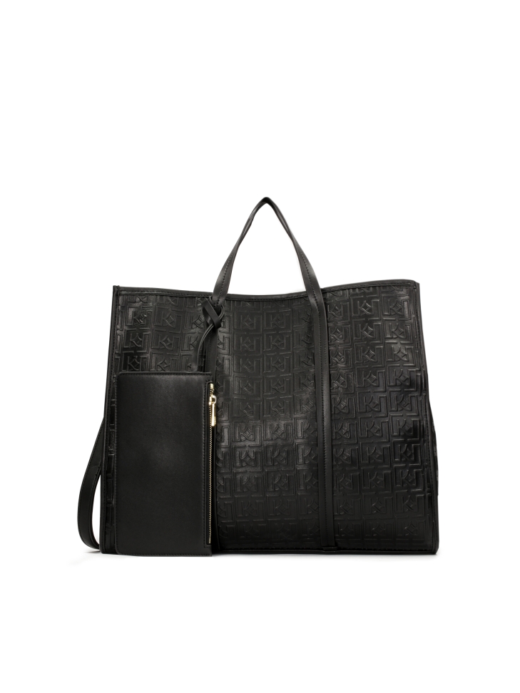 Large black handbag with embossed pattern
