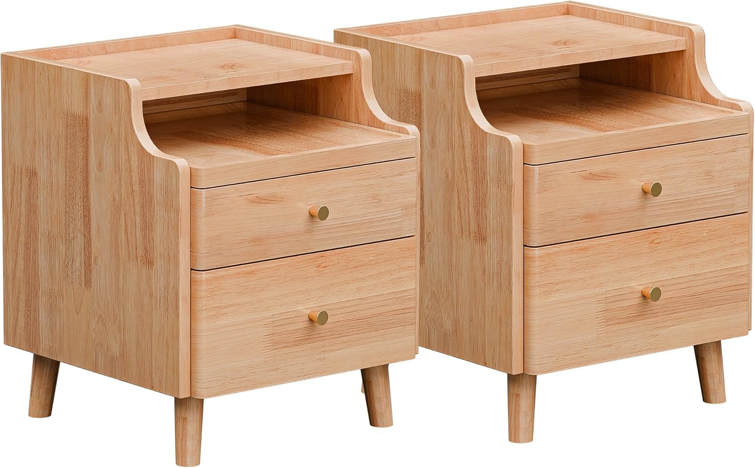 Nightstand Set of 2, Pre-Assembled, 19.7“H Solid Wood Night Stand with 2 Drawers, Open Sliding Shelf, Mid Century Modern Small Bedside Table for Bedroom, Natural Oak 16