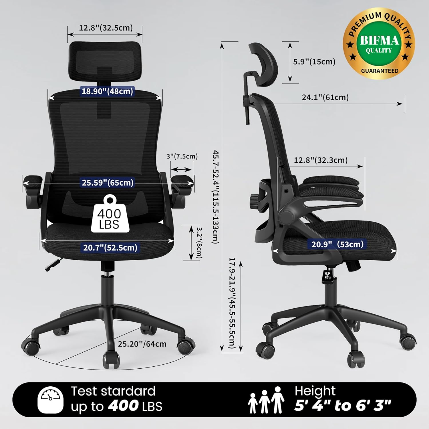 Fizzin Office Chair, Ergonomic Office Chair with High Back Mesh and Adjustable Lumbar Support, Home Mesh Office Desk Chairs with Wheels, Comfortable Gaming Chair for Long Hours (Deep Black)