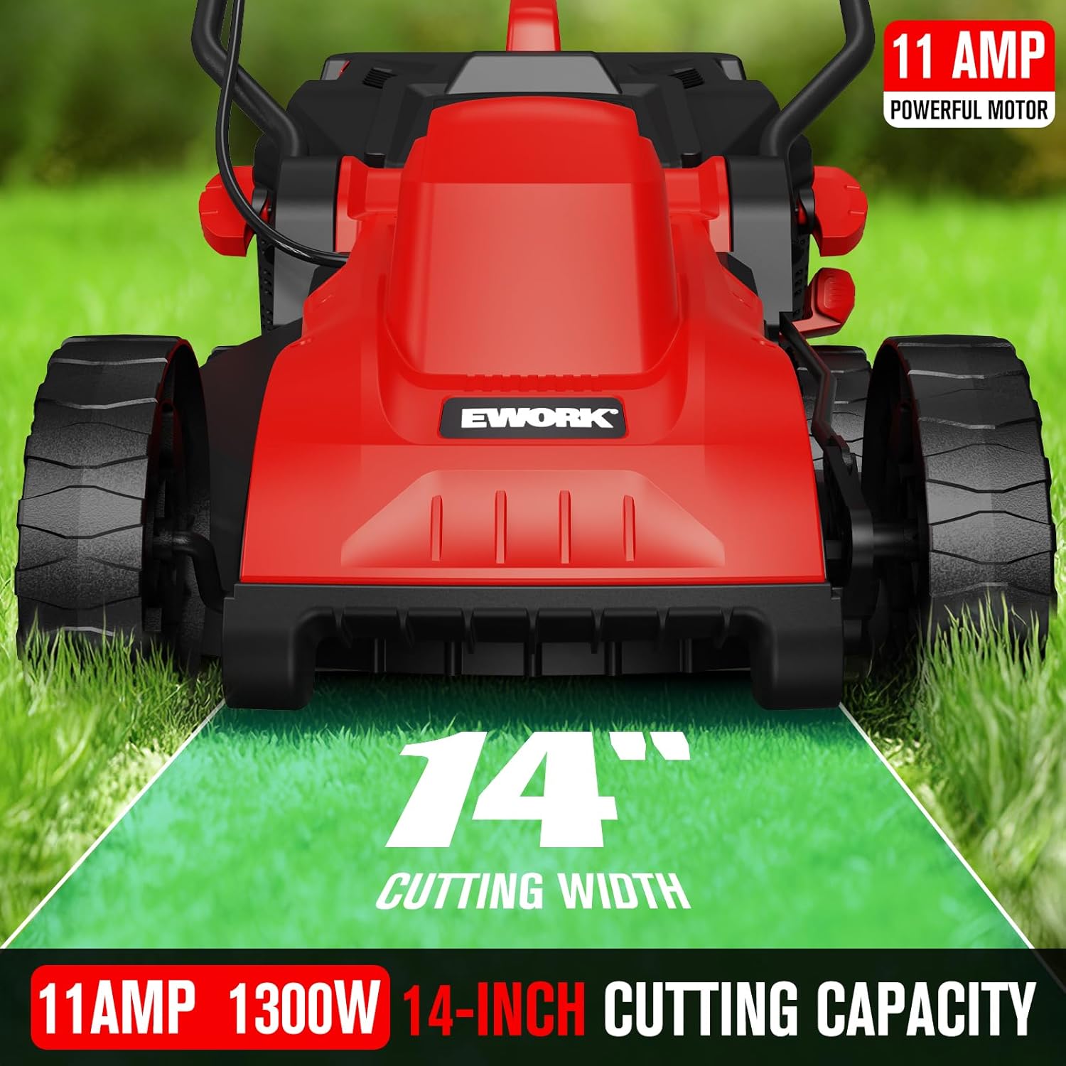 EWORK Corded Electric Lawn Mower 14-Inch, 11Amp Electric Push Mower with 30L Collection Bag, 4-Height Adjustment, Lightweight Lawnmower for Garden, Yard