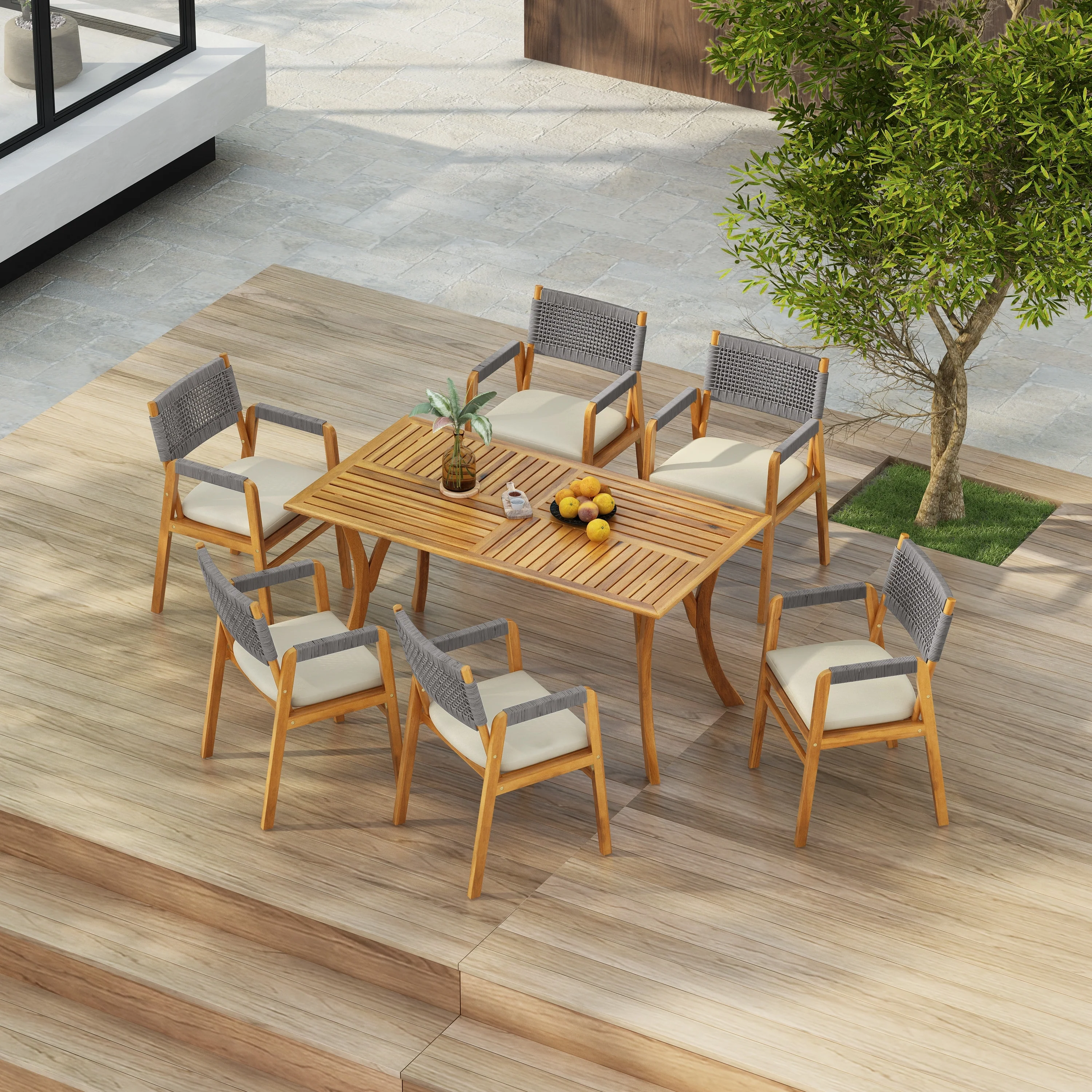Holomn Outdoor 7-piece Acacia Wood Dining Set with Rope Chairs by Christopher Knight Home