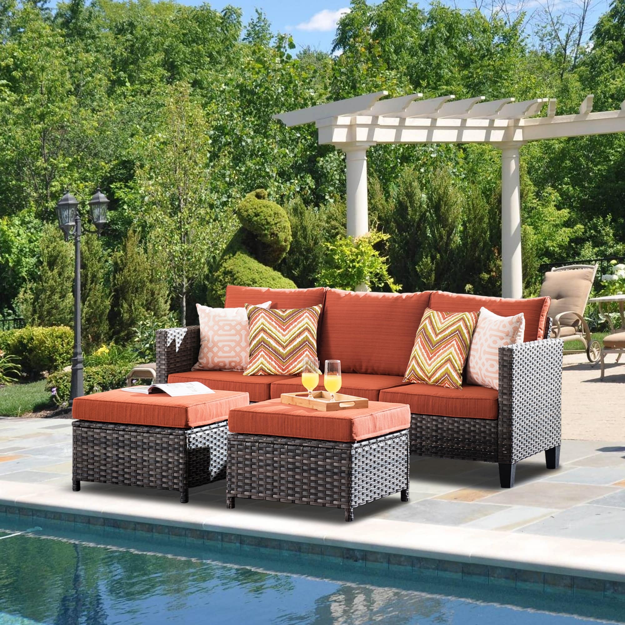 OVIOS 3-piece Outdoor Wicker Conversation Ottoman Set