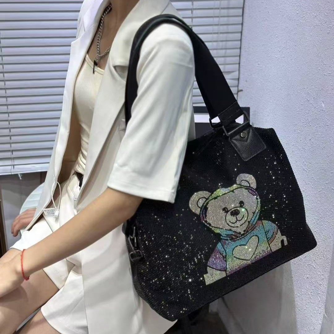 PEACH ACCESSORIES Elegant Black Rhinestone Handbag with Rainbow Teddy Bear