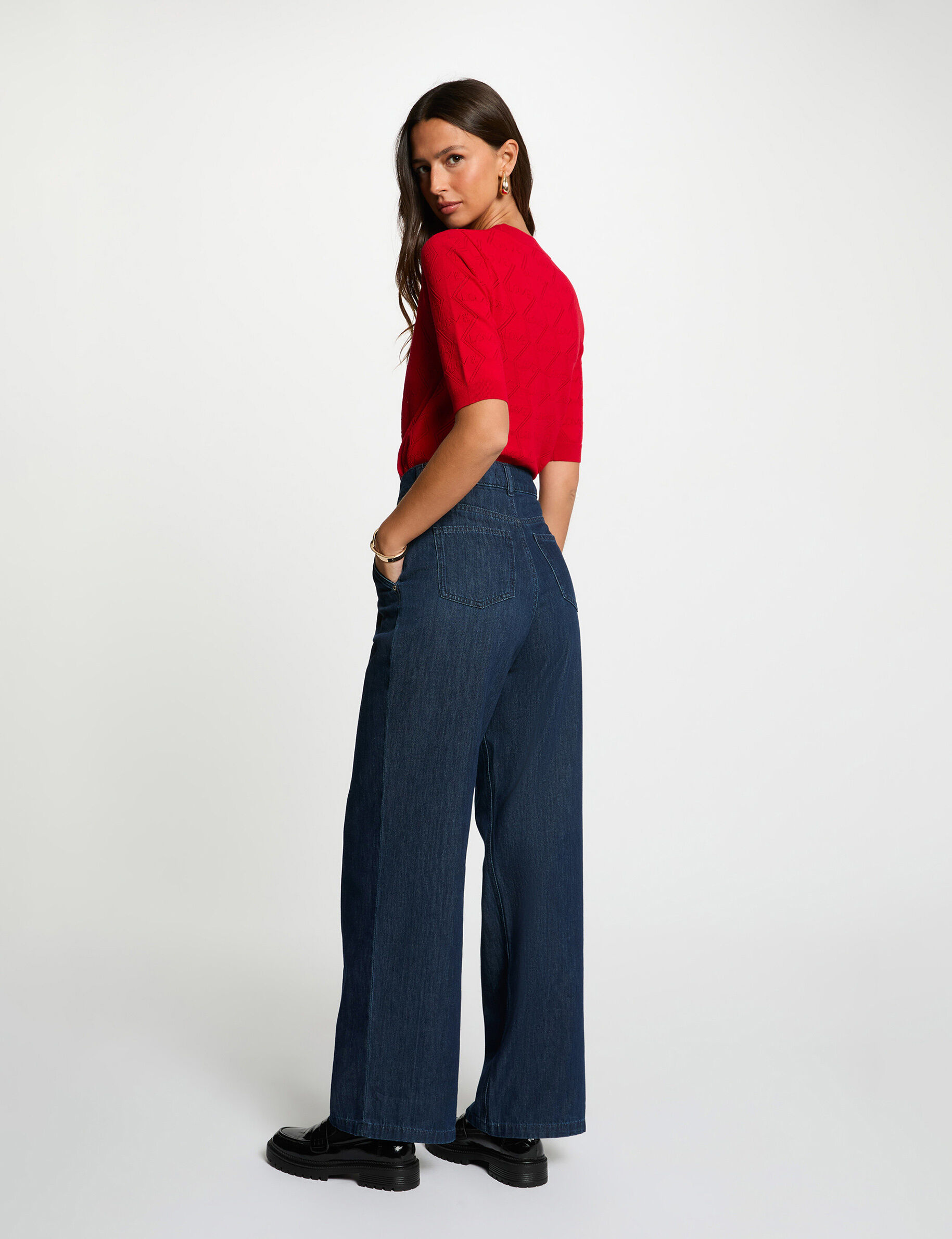 3/4 Sleeve Openwork Sweater Red Women