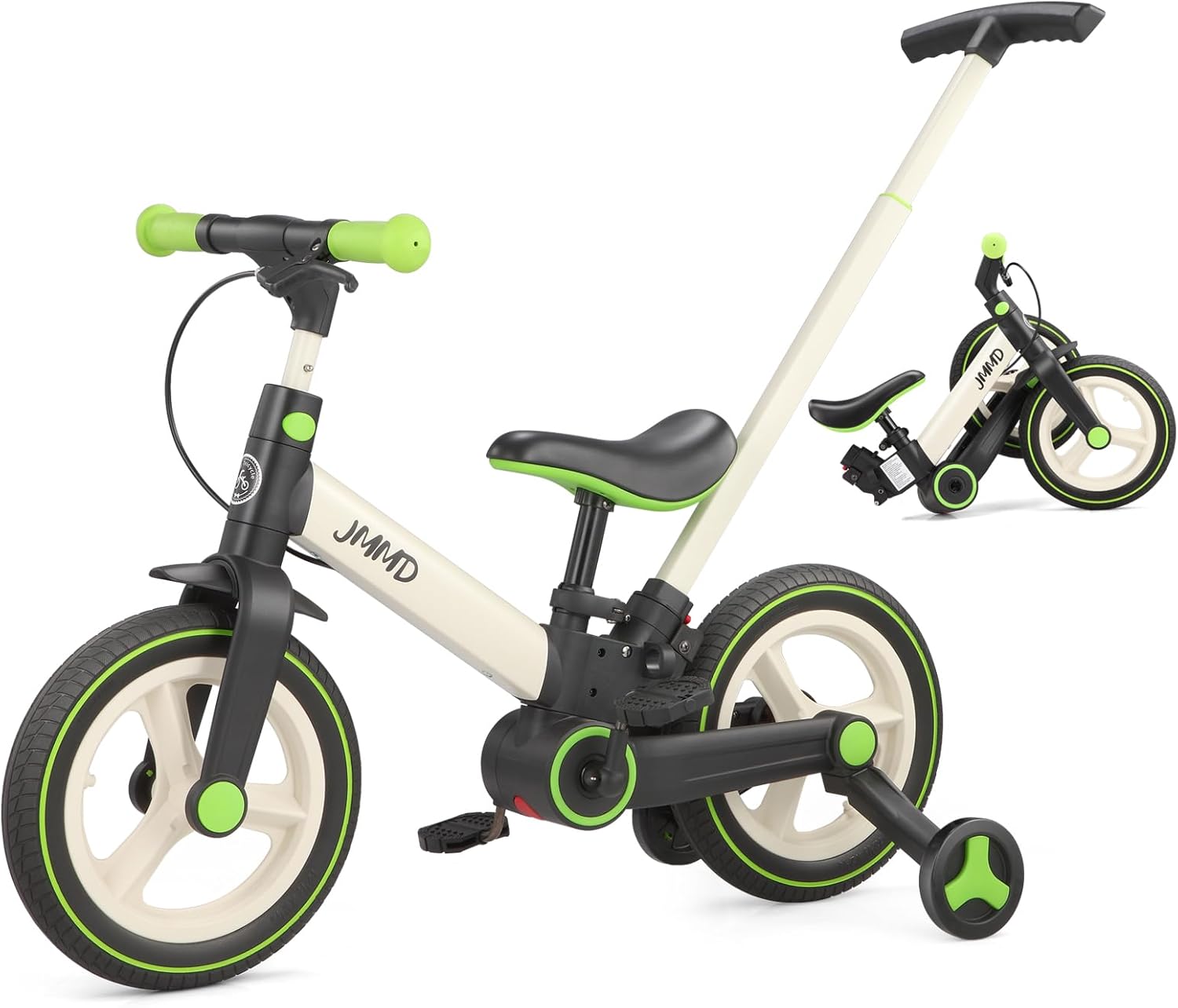 JMMD 6 in 1 Toddler Bike with Push Handle for Kids 18-60 Months, 12 Foldable Balance Bike with Training Wheels, Pedals, Brakes, Kickstand, Push Tricycle Toddler Gift & Toys for Boy & Girl
