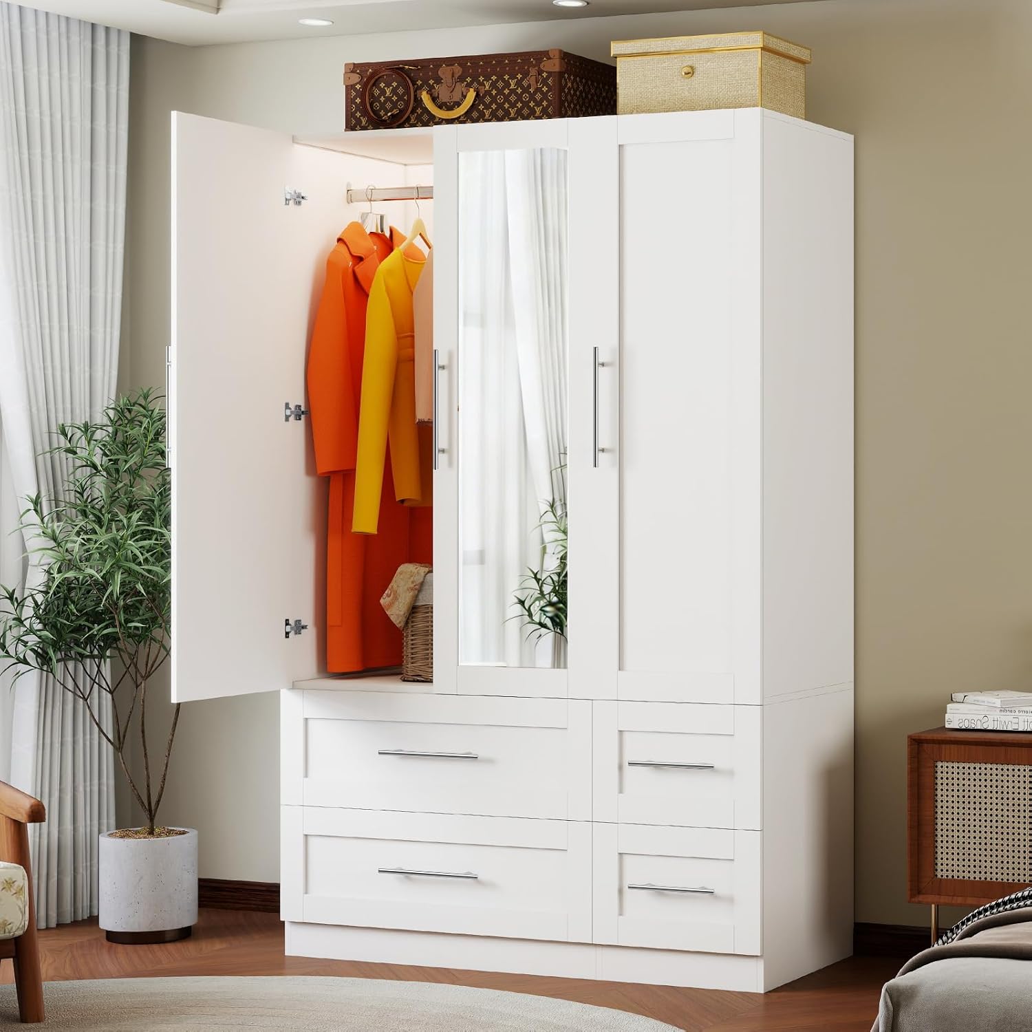 fastgo Armoire Wardrobe Closet with 3 Doors and 4 Drawers, 71 Tall Bedroom Armoires with Mirror, 20.4 Deep Large White Wardrobe Cabinet, Wooden Closet with Hanging Rod and 3 Adjustable Shelves