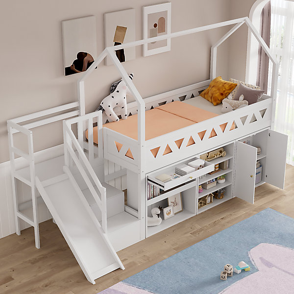 Lit mezzanine multifonctionnel 90x200 cm en bois et MDF - avec toboggan, escalier et casiers - Blanc(sans matelas)