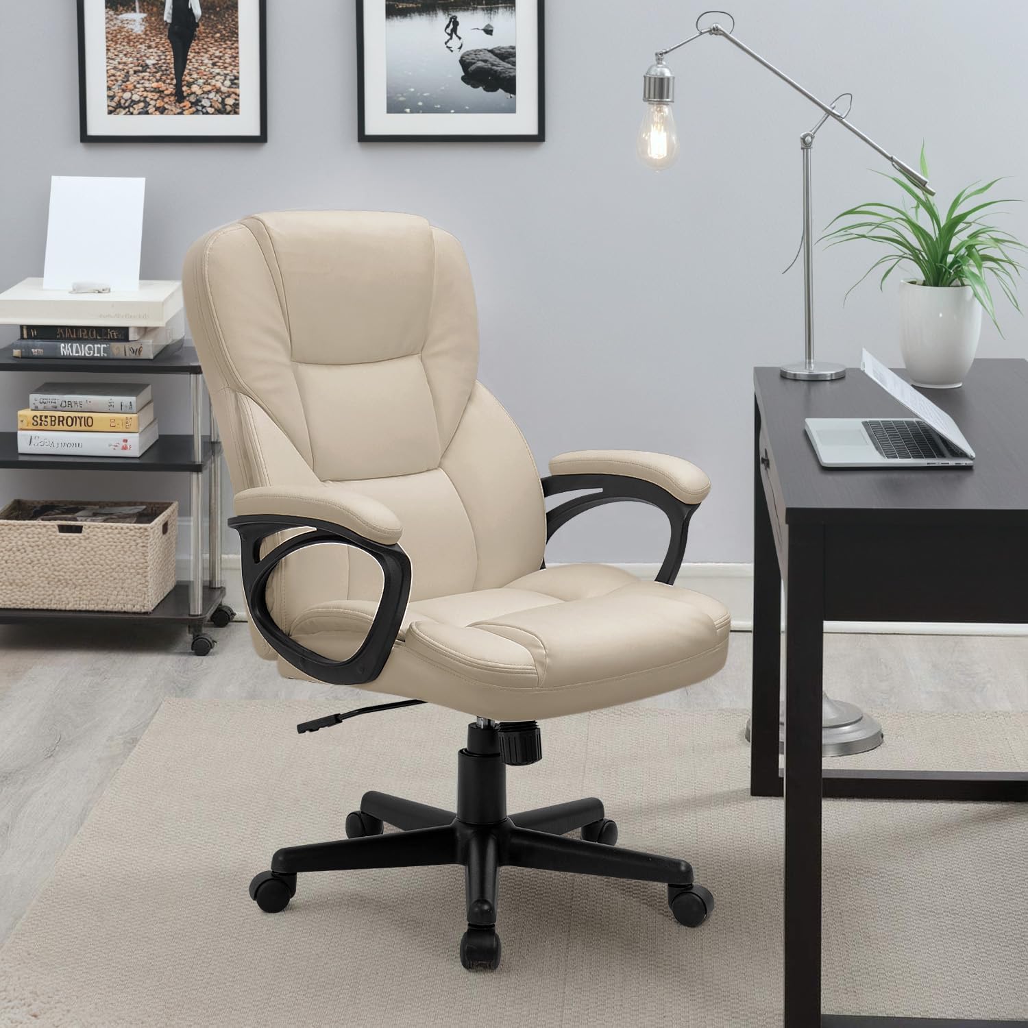 Furmax Office Executive Chair High Back Adjustable Managerial Home Desk Chair, Swivel Computer PU Leather Chair with Lumbar Support (1, Beige)