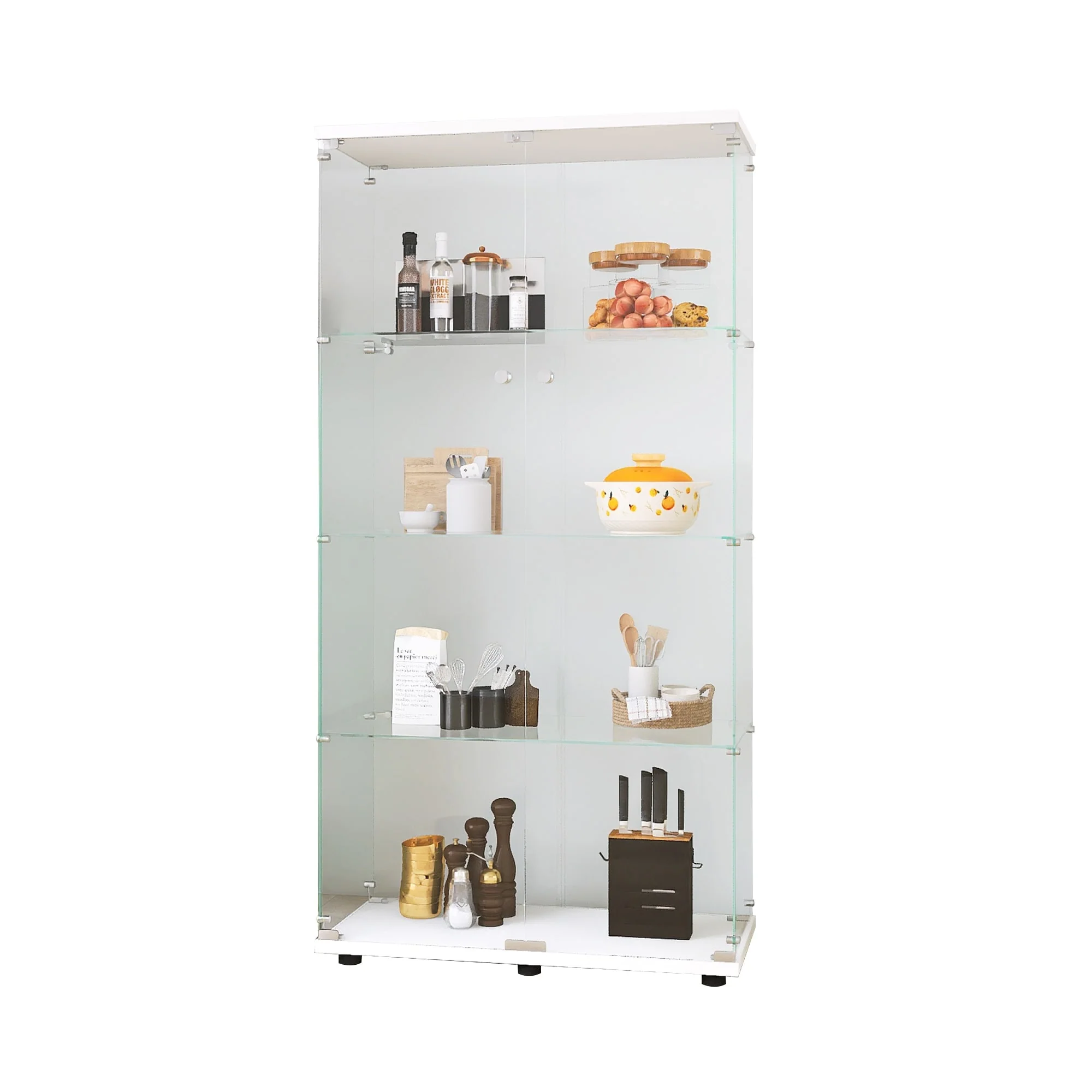 Two-door Glass Display Cabinet 4 Shelves with Door, Floor Standing Curio Bookshelf