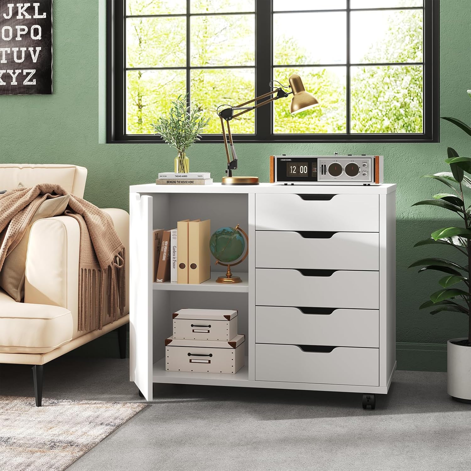 DUMOS 5 Drawer File Cabinet Office Drawers Organizer with Wheels Rolliing, Under Desk Cabinets with Shelves and Door Printer Stand with Wood Board Metal Frame for Home Office Storage Craft Room, White