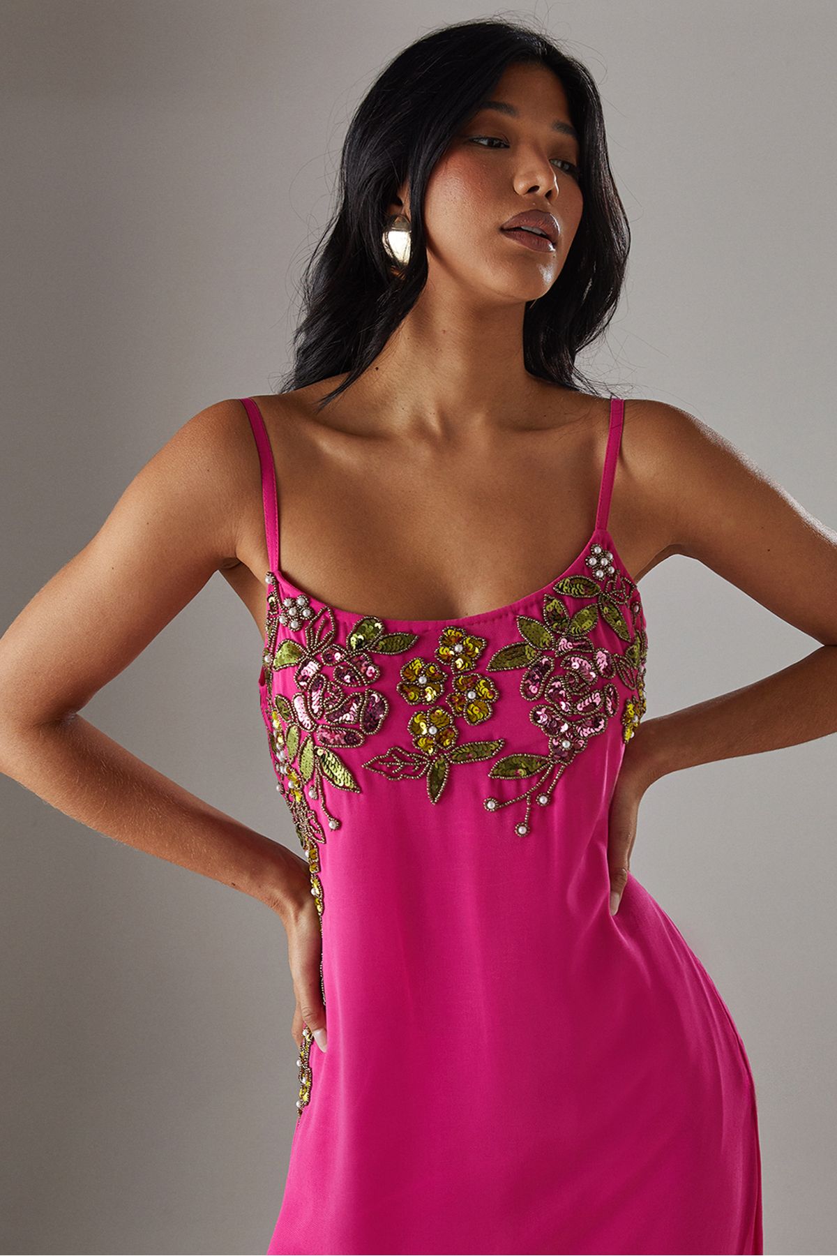 Warehouse Hand Embellished Strappy Bias Sequin Midi Dress