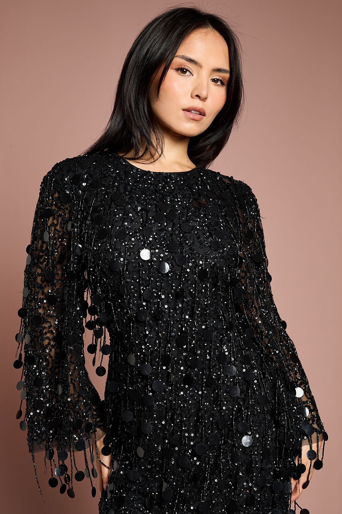 Coast Petite Party Sequin Tassel Long Sleeve Midi Dress