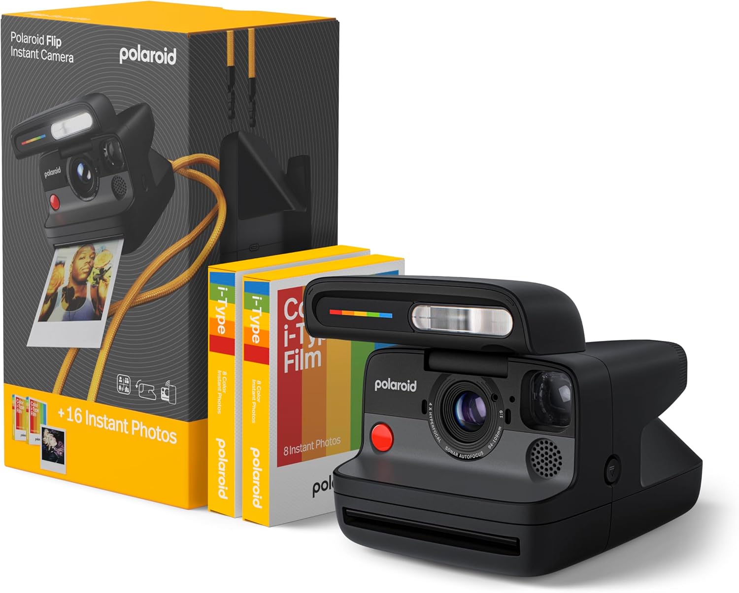 Polaroid Flip Instant Camera + Color Film Bundle (16 Photos Included) - Black (6565) - Hyperfocal 4-Lens System  Sonar autofocus  and Sence Analysis with Bluetooth paired Companion app