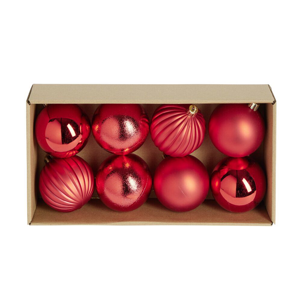 Boule de No&euml;l plastique rouge x8 forme assortie Ø9cm