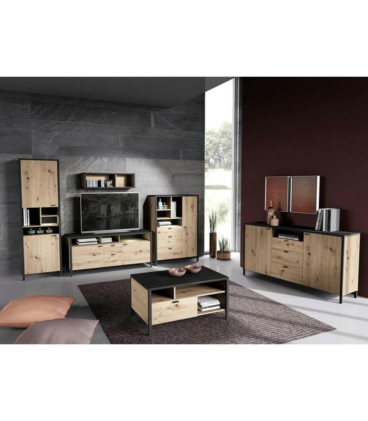 LOFT - Meuble TV Industriel 2 Portes 2 Tiroirs L143 cm - Chêne et noir