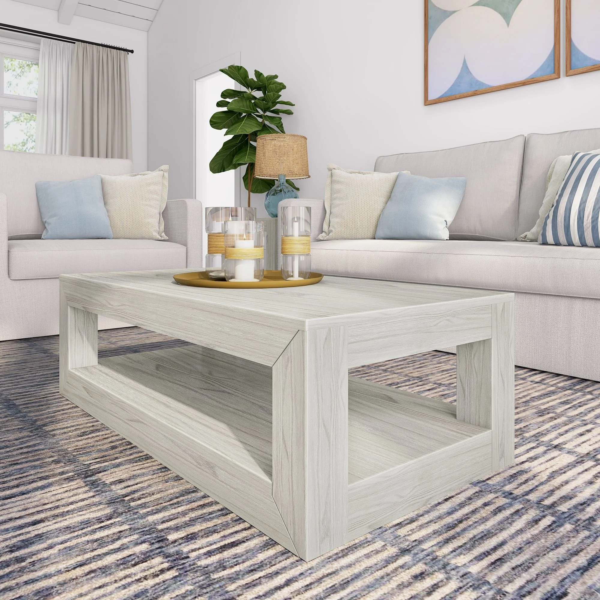 Plank and Beam Modern Rectangular Coffee Table with Shelf