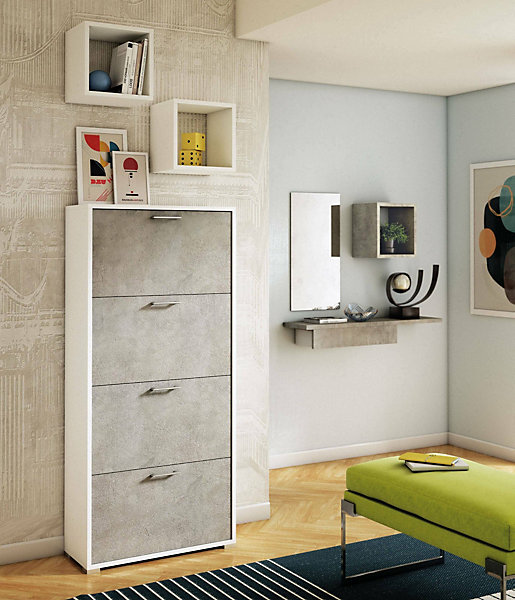 Etagere à chaussures rose, meuble d'entrée polyvalent avec 4 portes pliantes, 67x28h147 cm, blanc et ciment