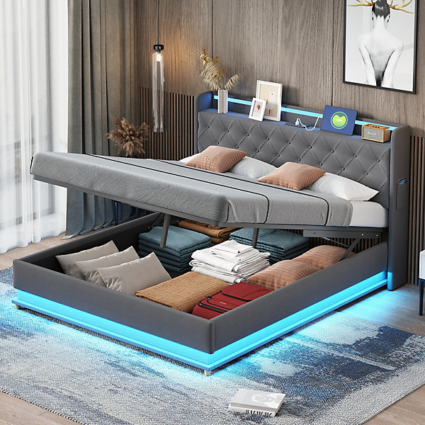 Lit LED 160 par 200 cm avec port USB et rangement hydraulique tissu lin gris doux et respirant idéal pour adultes
