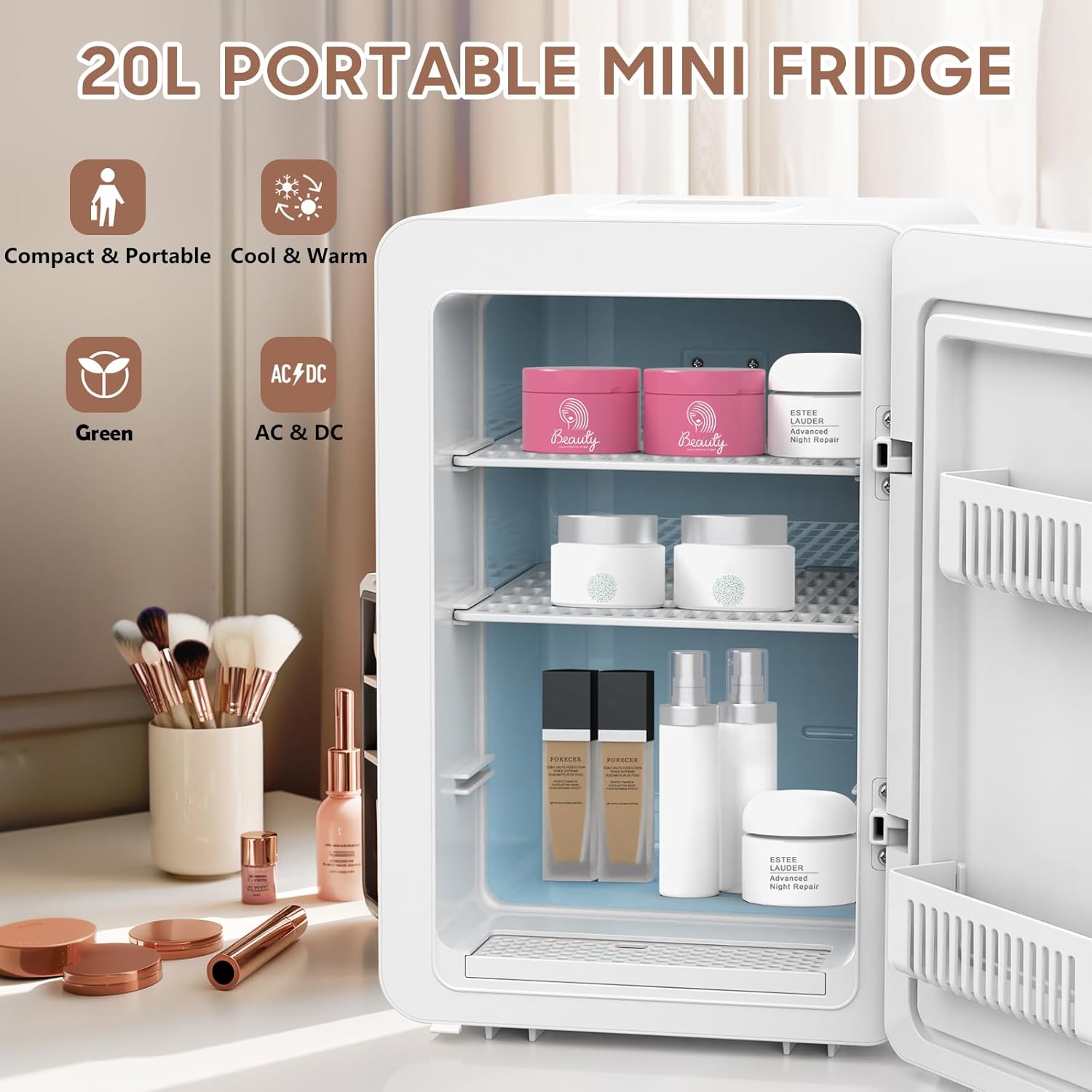 Kikihouse 20L Mini Skincare Fridge with Mirror & LED Lighting, 3-Mode Dimmable, Cooler & Warmer with Drip Tray for Makeup, Cosmetic, Beauty Fridge for Bedroom, Vanity, Car & Home Use