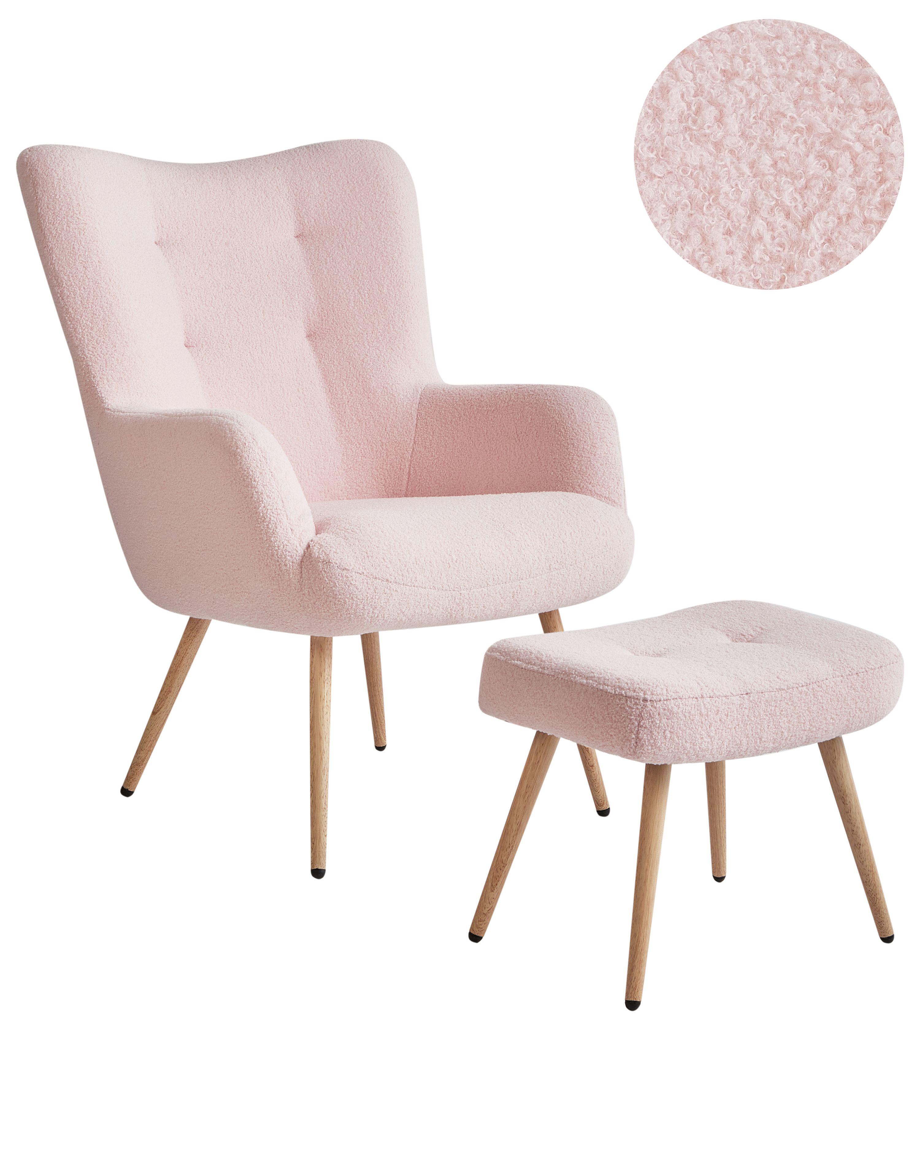 Wingback Chair VEJLE with Footstool Boucle Pastel Pink