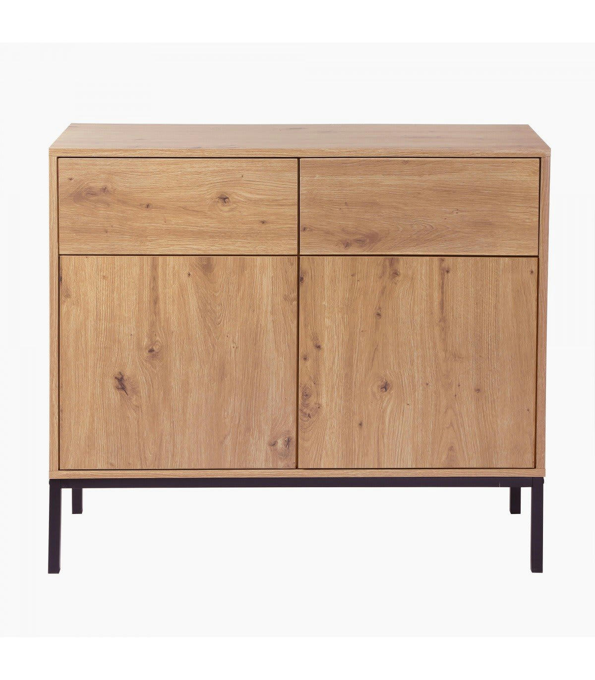 LENNY - Commode 2 Portes 2 Tiroirs Décor Chêne - L90 x H80 cm