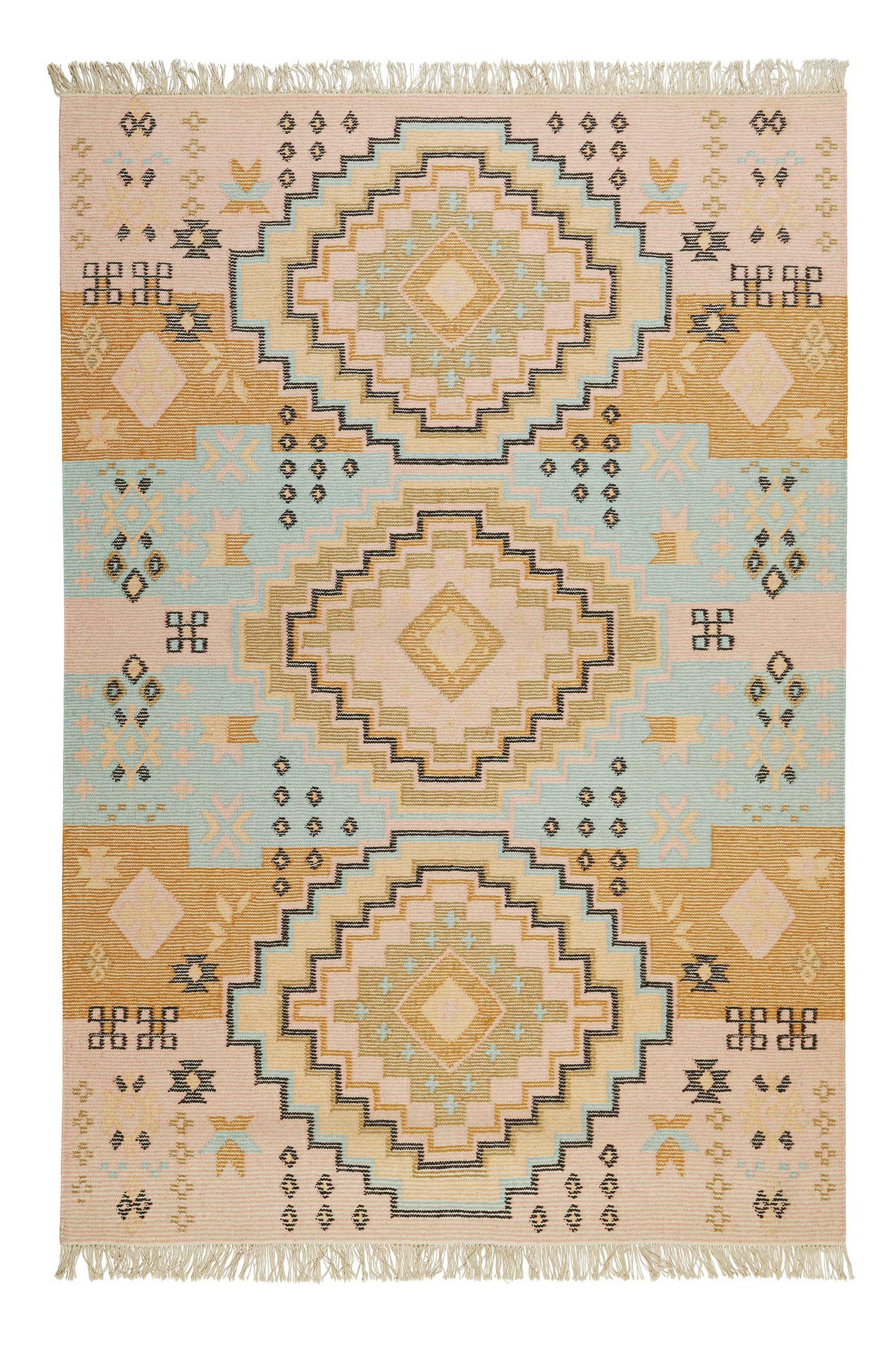 MAYENNE - Tapis ethnique tissé main laine et coton multicolore pastel 160x230