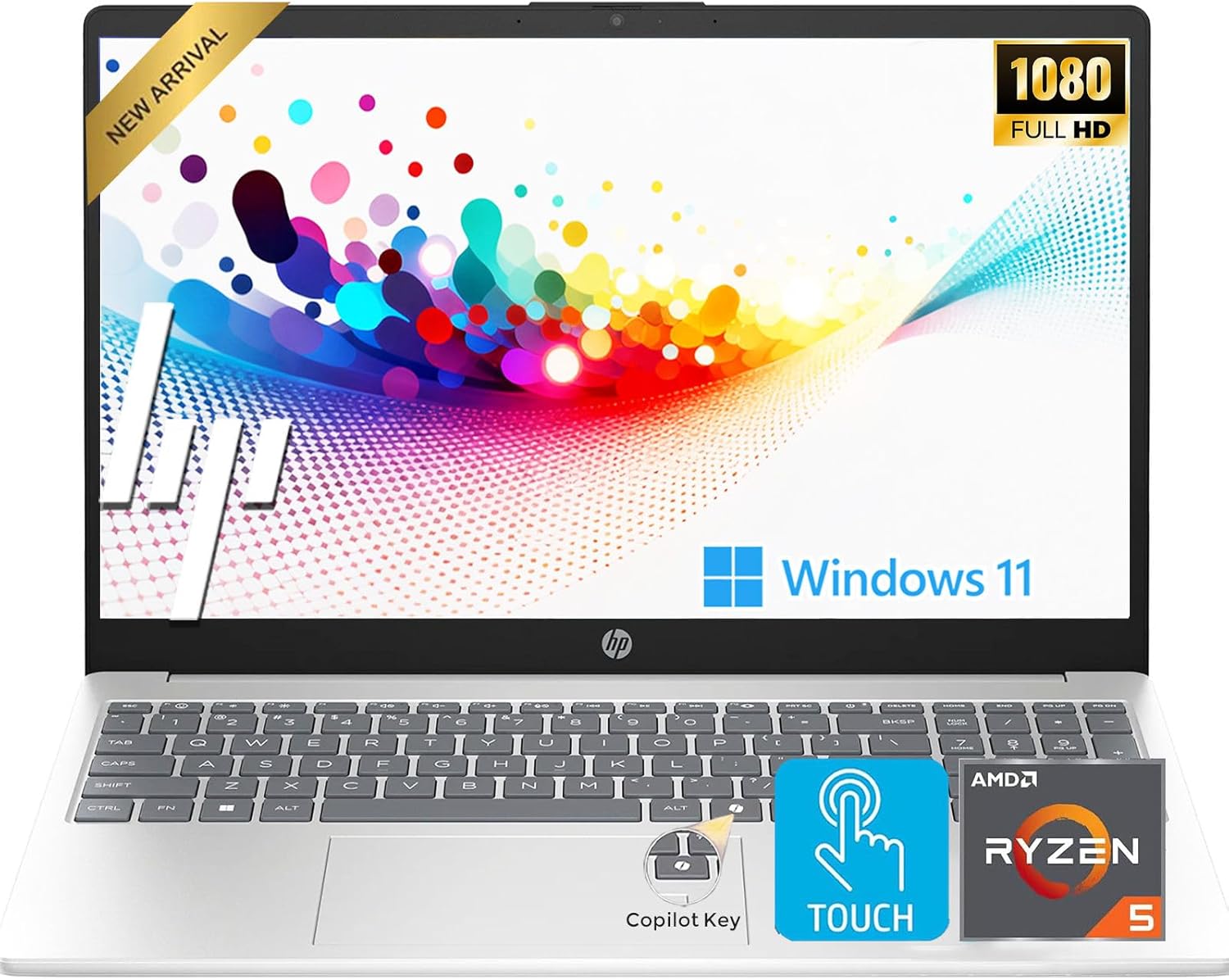 HP Touchscreen 15.6 FHD Business Laptop Computer | 2026 Edition | AMD Ryzen 5 (Up to 4.3GHz) | 8GB DDR5 RAM  256GB PCIe SSD | AI Copilot Key | Windows 11 with Office 365 for The Web • w/o Mouse