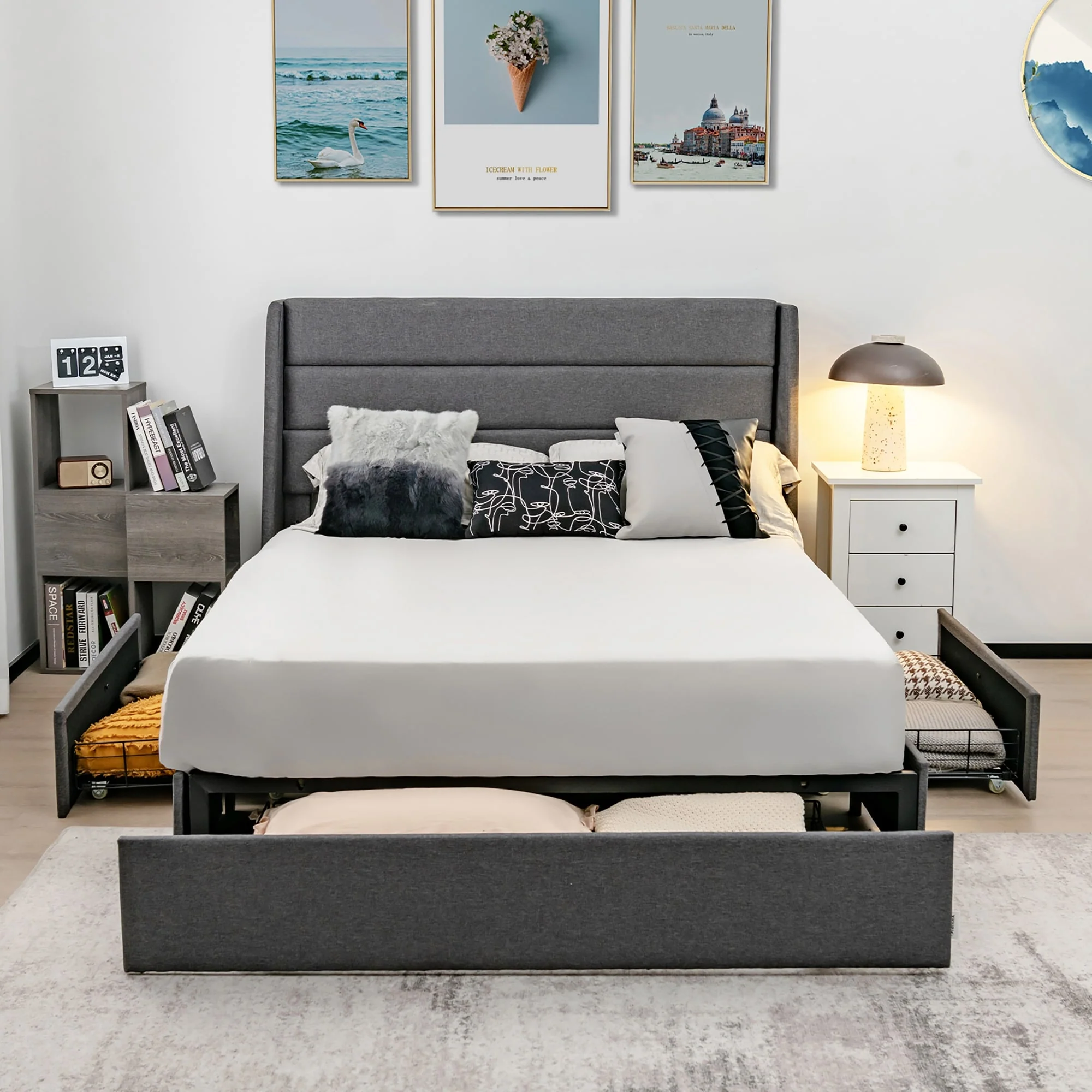 Costway Platform Bed Frame with 3 Storage Drawers Mattress Foundation